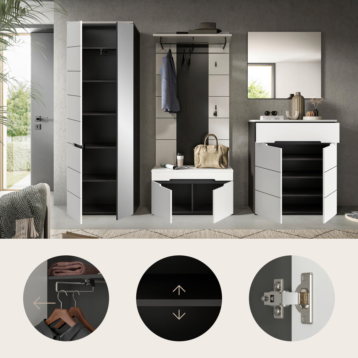 ŠATNA, 255/190/37 cm - šedá/bílá, Design, kompozitní dřevo (255/190/37cm) - Livetastic