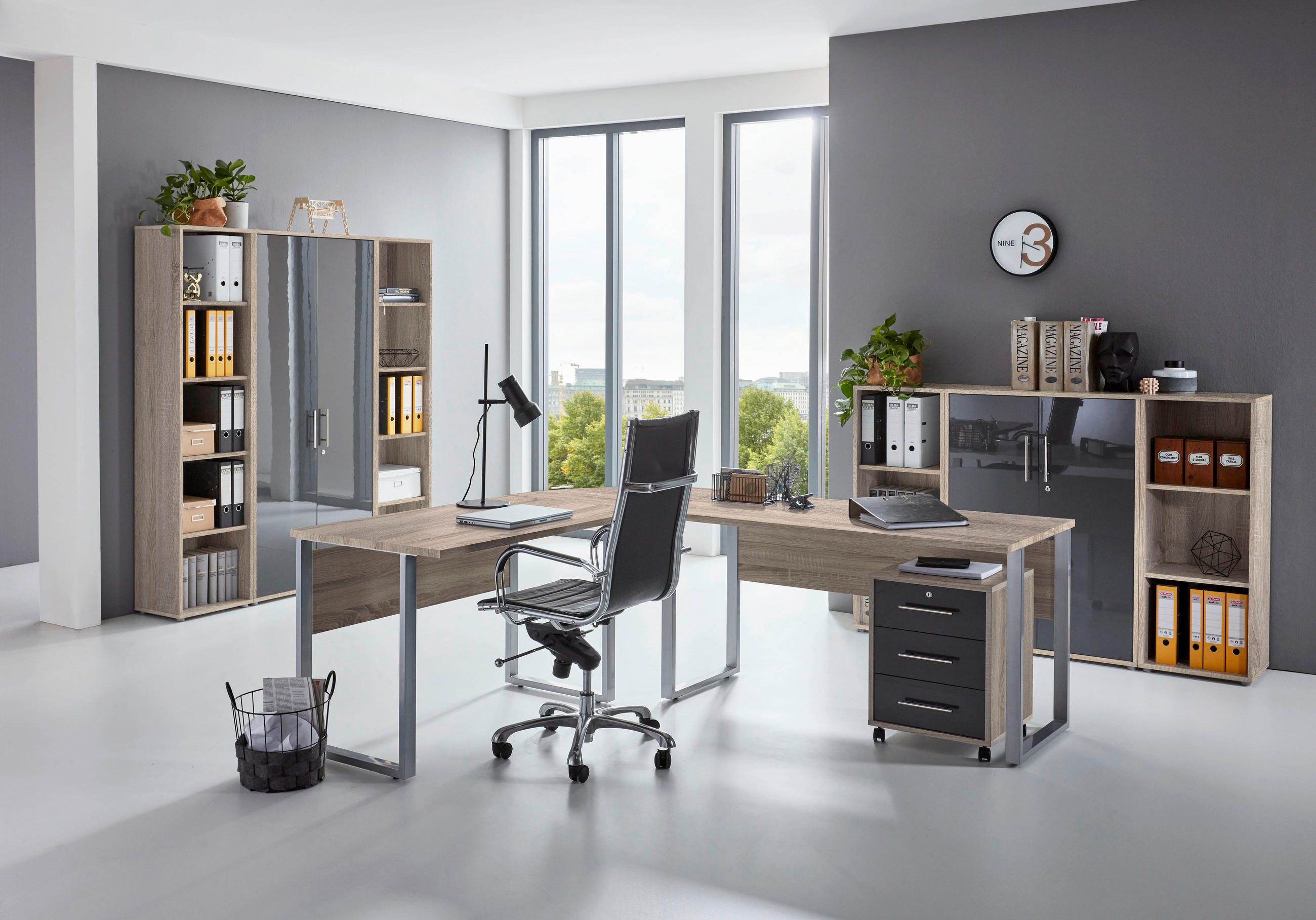 BÜRO erweiterbar, in verschiedenen Holz-Dekoren erhältlich, Schreibtisch seitenverkehrt montierbar, abschließbar Sonoma Eiche, Anthrazit Hochglanz - Anthrazit Hochglanz/Sonoma Eiche, MODERN, Holzwerkstoff - MID.YOU
