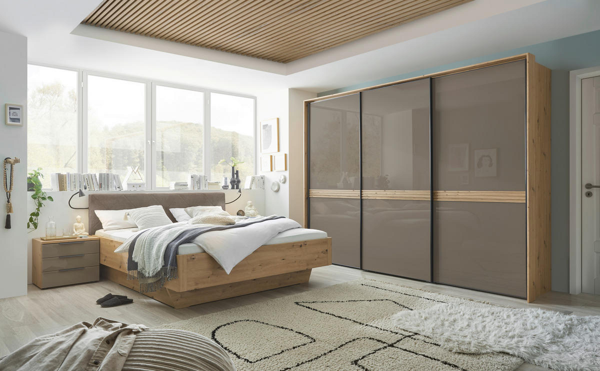 SCHWEBETÜRENSCHRANK 336/240/68 cm 3-türig Anthrazit, Schwarz, Eichefarben  - Eichefarben/Anthrazit, Design, Glas/Holz (336/240/68cm) - Dieter Knoll