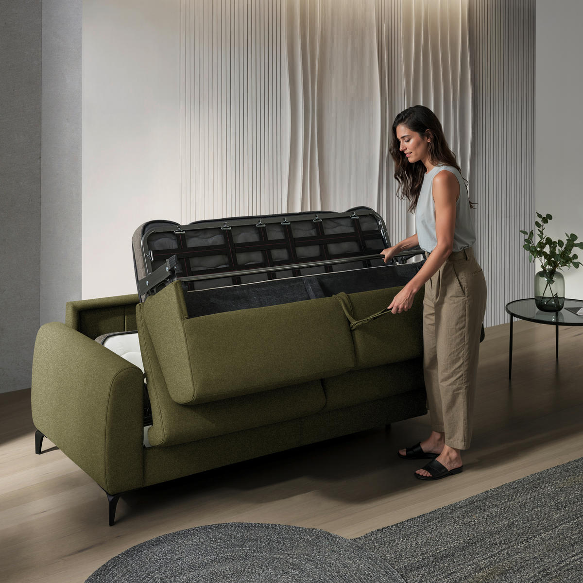 SCHLAFSOFA Flachgewebe Olivgrün  - Schwarz/Olivgrün, Konventionell, Holz/Textil (203/88/102cm) - Novel
