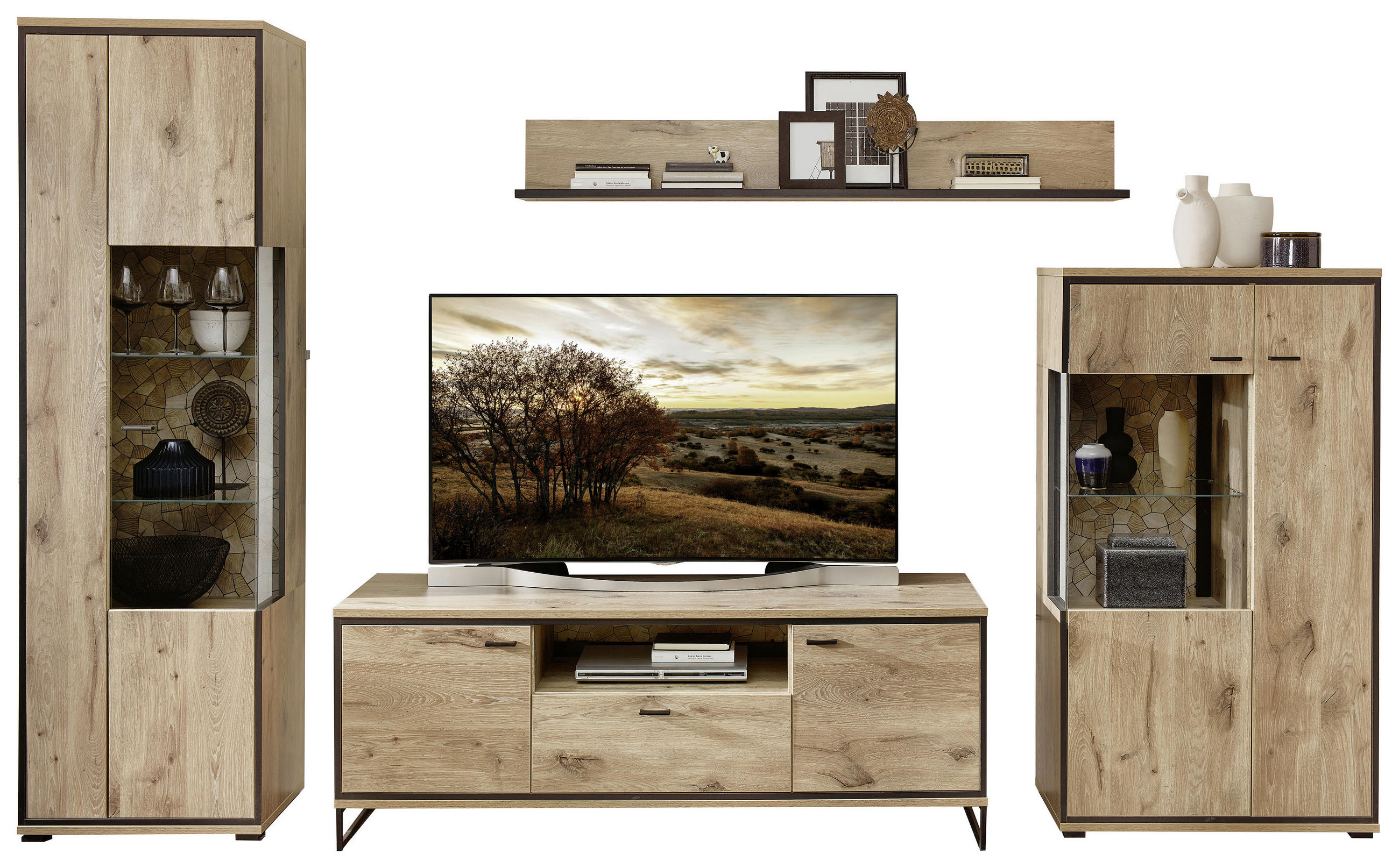 WOHNWAND Schwarz, Eichefarben Einlegeböden  - Eichefarben/Schwarz, KONVENTIONELL, Glas/Holzwerkstoff (330/205/49cm) - Livetastic