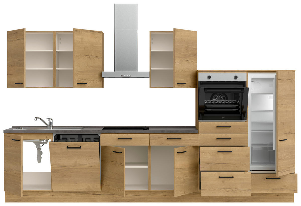 KÜCHENBLOCK 360 cm   in Eichefarben, Schieferfarben  - Schieferfarben/Eichefarben, MODERN, Holzwerkstoff/Metall (360cm) - Nobilia