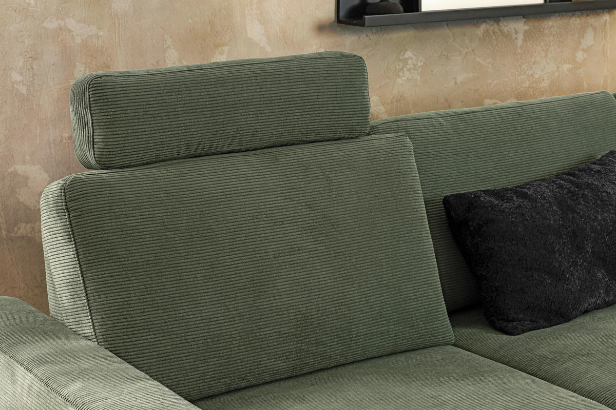 ECKSOFA  in Cord Olivgrün Rücken echt, Sitztiefenverstellung  185/298 cm  - Schwarz/Olivgrün, Design, Textil/Metall (185/298cm) - Pure Home Lifestyle