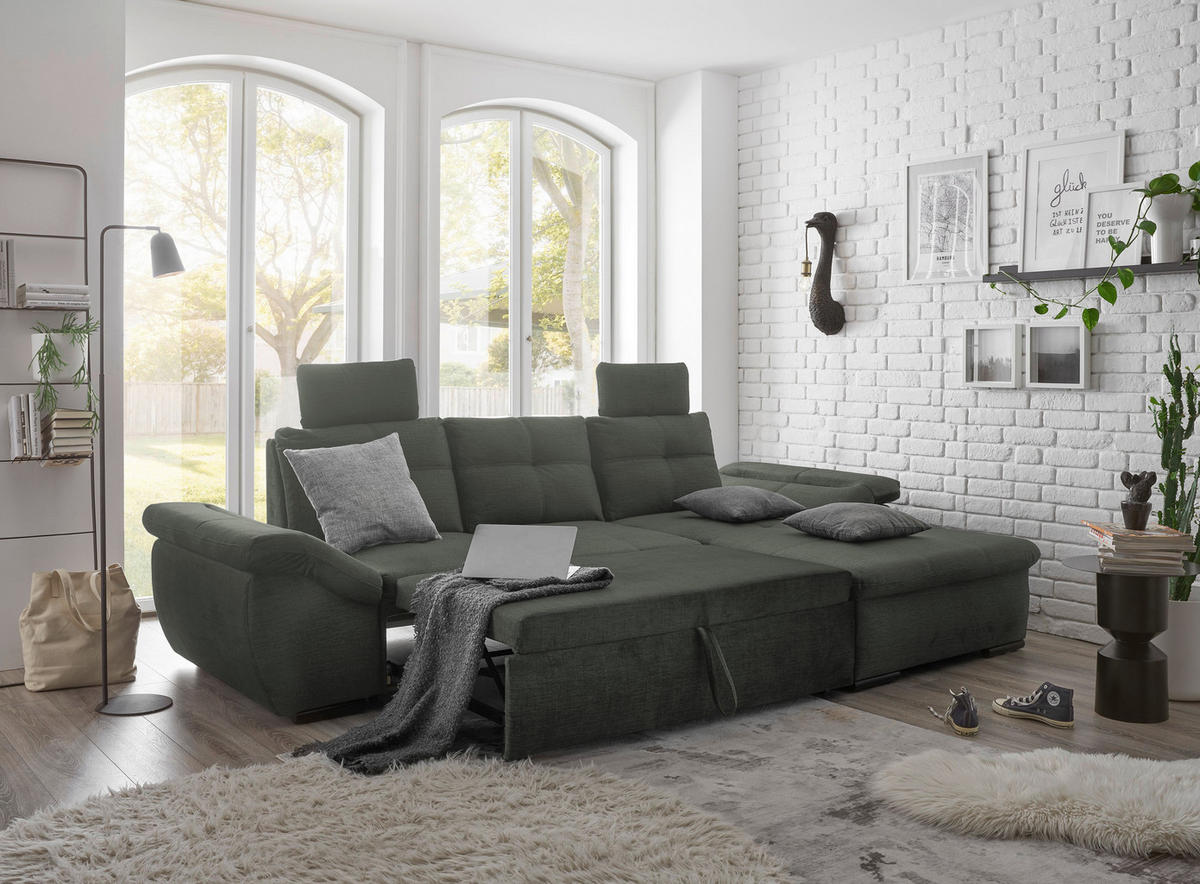 ECKSOFA in Mikrovelours Dunkelgrün  - Dunkelgrün/Schwarz, Konventionell, Kunststoff/Textil (275/170cm) - Carryhome