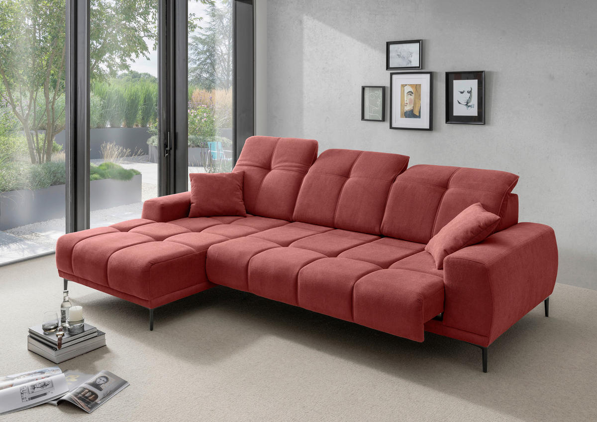 ECKSOFA NESTO Rot Chenille Zierkissen, Kopfteilverstellung, Sitztiefenverstellung  - Rot/Schwarz, Basics, Textil/Metall (187/292cm) - Livetastic