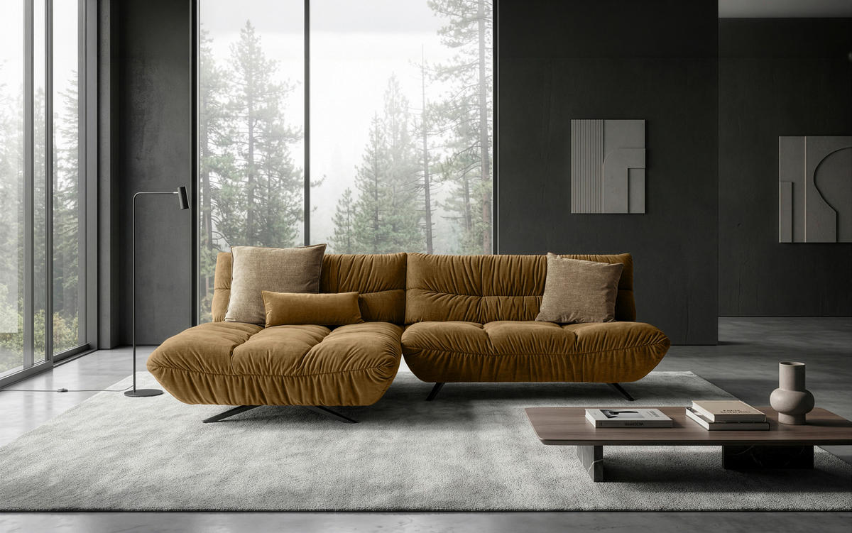 ECKSOFA Beigebraun Chenille Rücken echt, Sitztiefenverstellung  - Beigebraun/Schwarz, Design, Textil/Metall (178/295cm) - Belluti