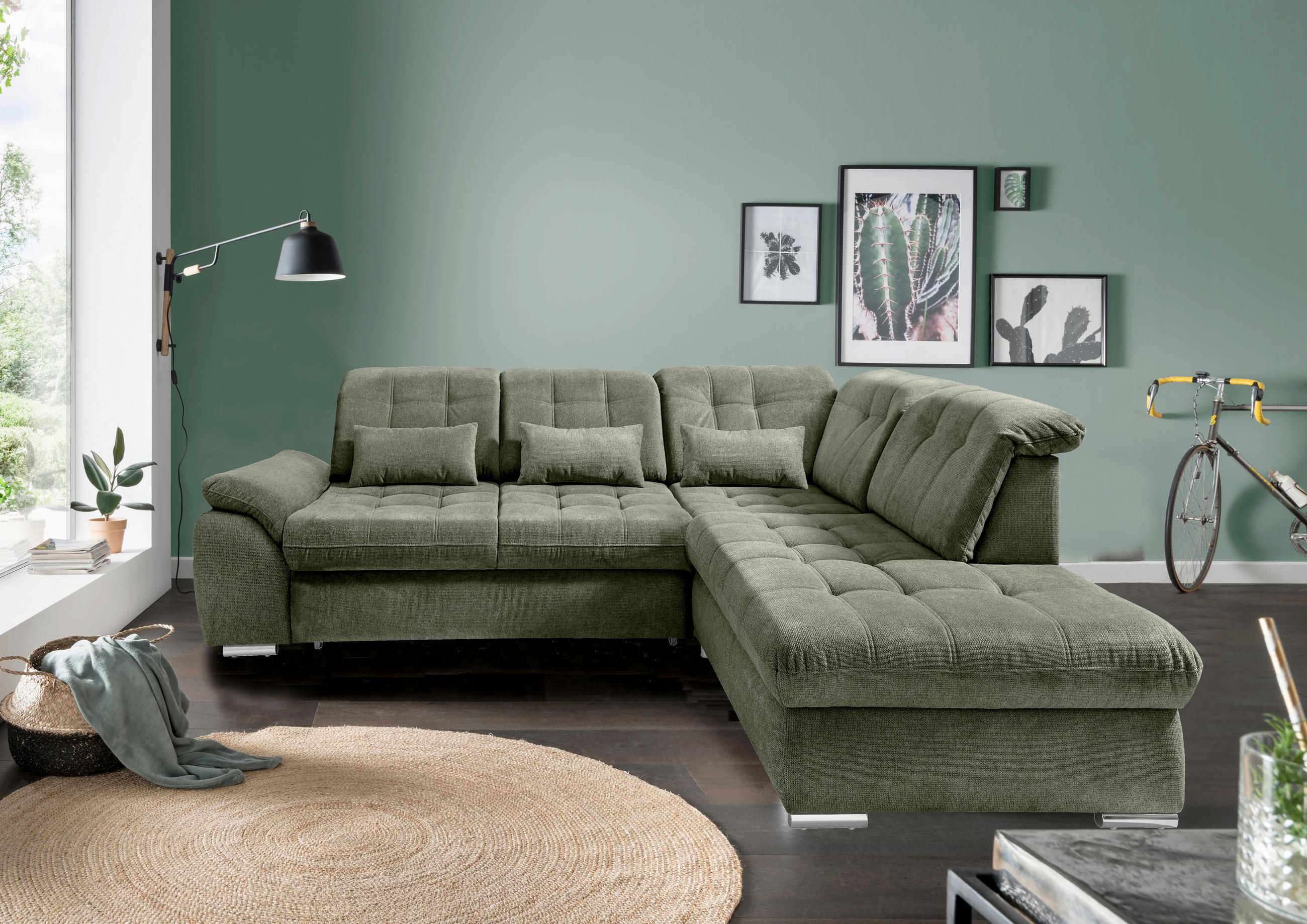 ECKSOFA RIGATTI Dunkelgrün Flachgewebe Kopfteilverstellung, Stauraum, Sitztiefenverstellung  - Chromfarben/Dunkelgrün, MODERN, Textil/Metall (308/254cm) - Livetastic