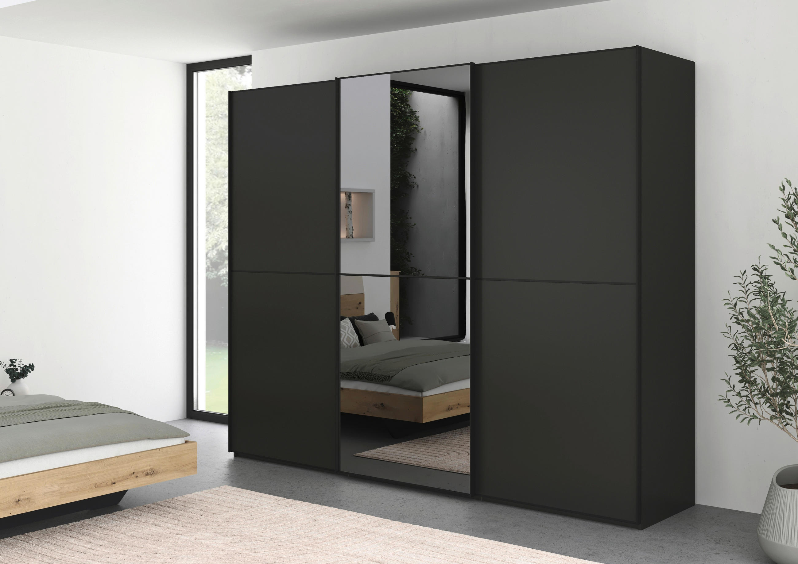 SCHWEBETÜRENSCHRANK 301/223/68 cm 3-türig Graphitfarben, Schwarz  - Schwarz/Graphitfarben, KONVENTIONELL, Glas/Holzwerkstoff (301/223/68cm) - Novel