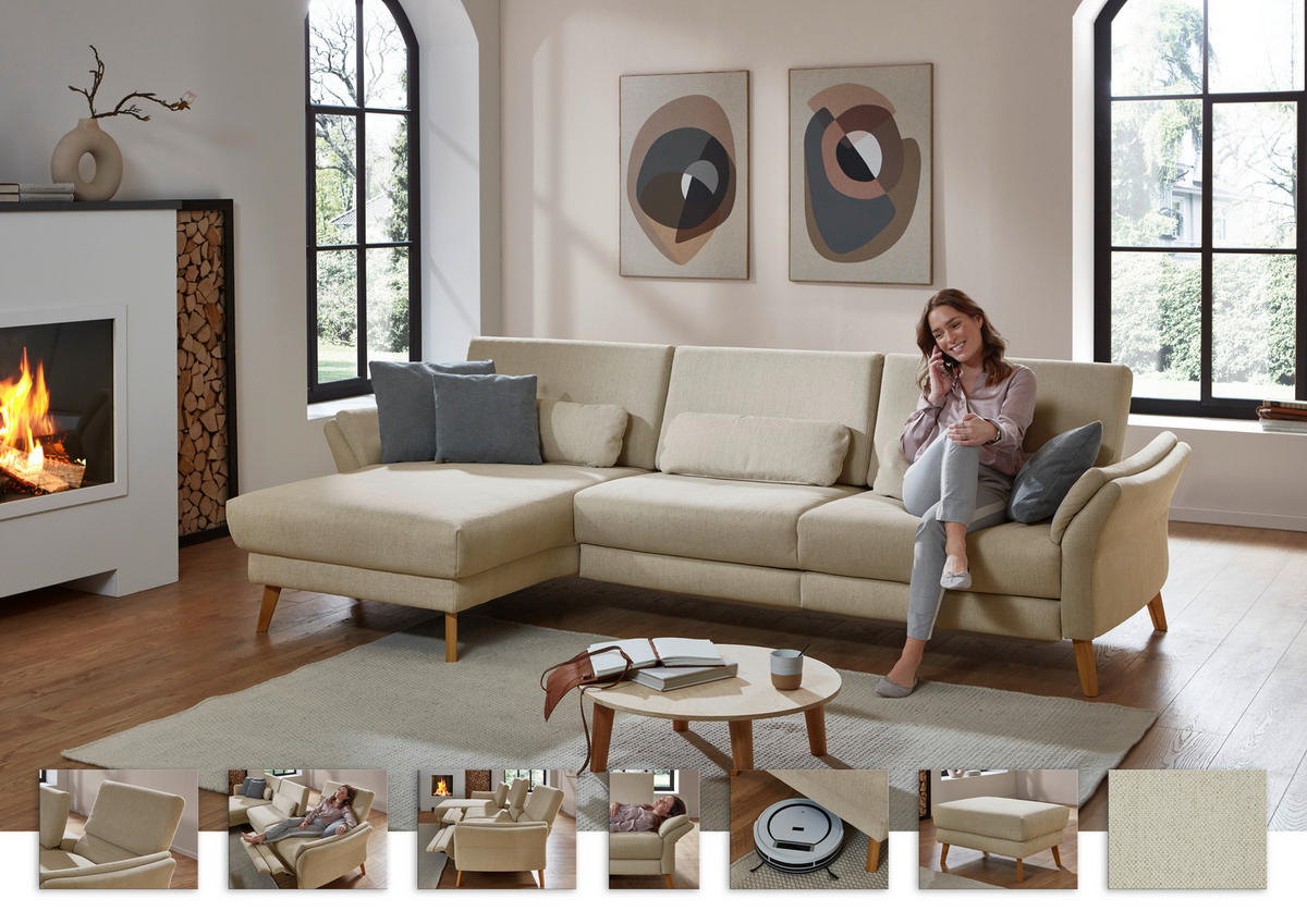ECKSOFA Beige Chenille, Flachgewebe  - Beige/Naturfarben, Design, Holz/Textil (281/157cm) - Valnatura