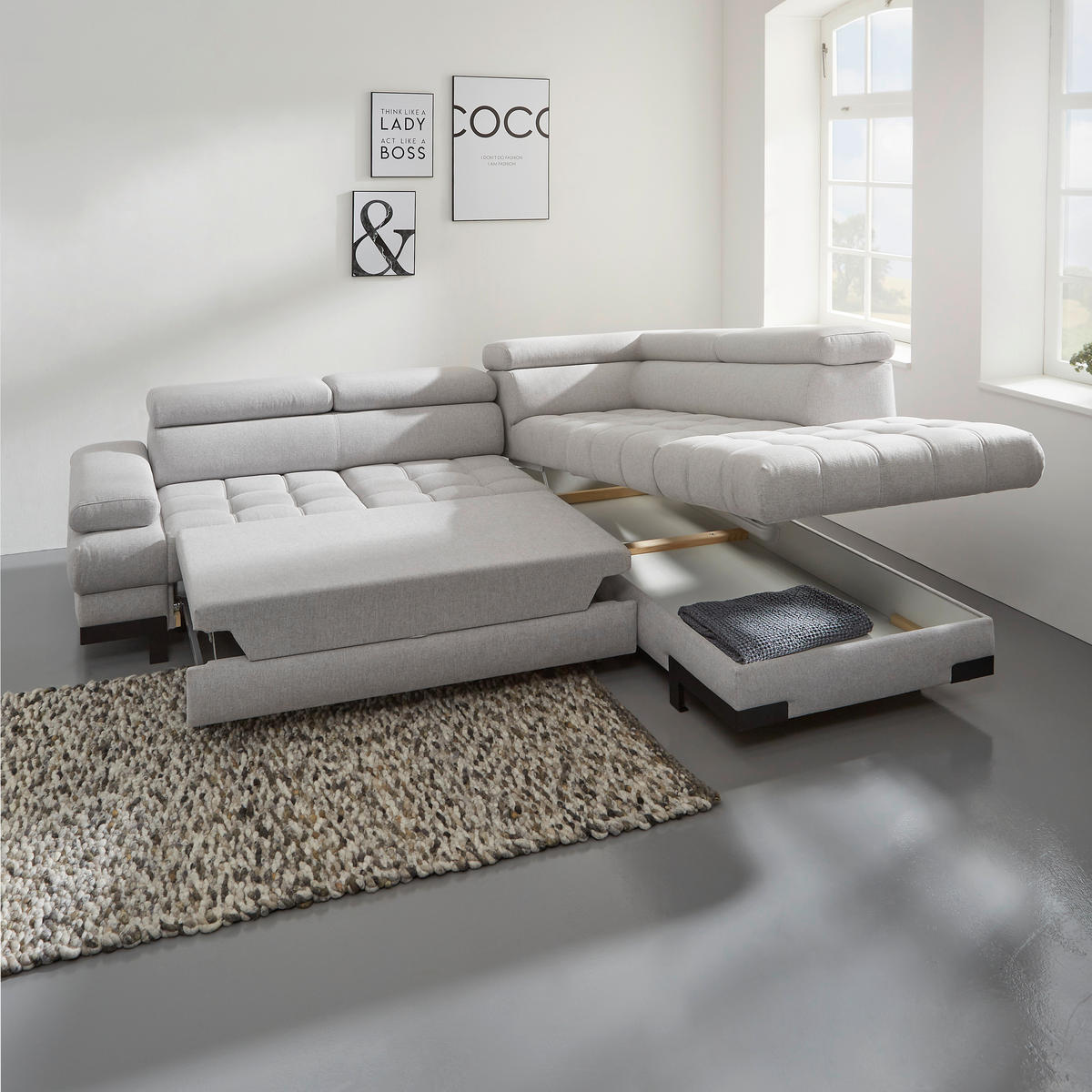 KOTNA SEDEŽNA GARNITURA, tkanina svetlo modra  - svetlo modra/črna, Design, kovina/tekstil (223/263cm) - Welnova