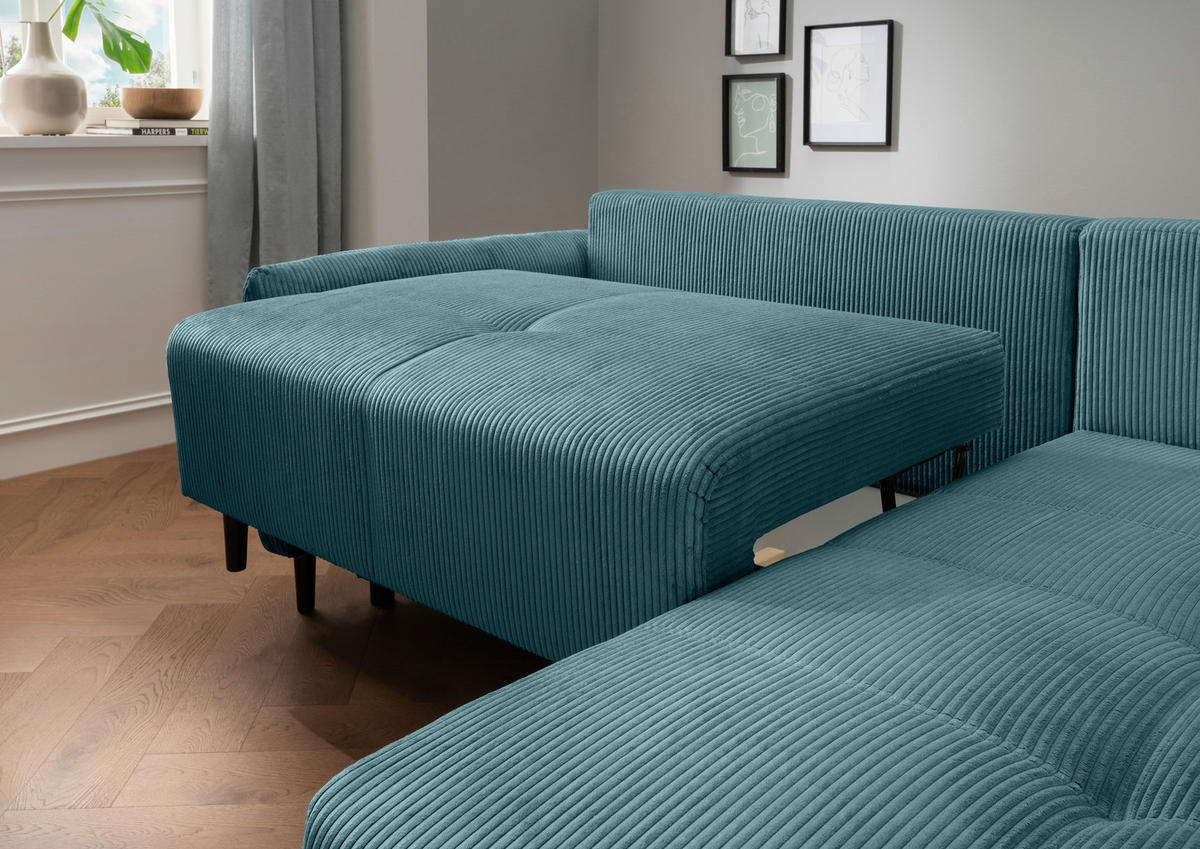 ECKSCHLAFSOFA Cord Petrol  - Petrol/Schwarz, Basics, Holz/Textil (238/174cm) - Livetastic