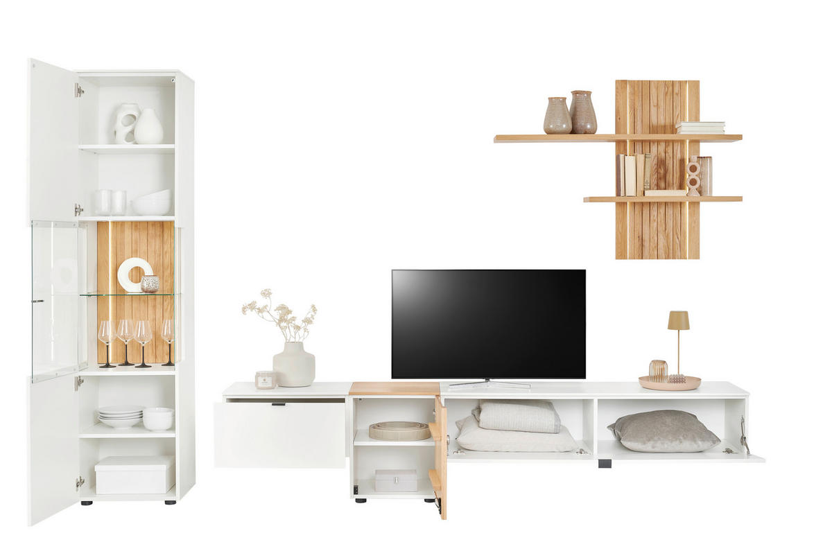 WOHNWAND  in Weiss, Eichefarben 310/203/42 cm  - Weiss/Eichefarben, Design, Glas/Holz (310/203/42cm) - Novel