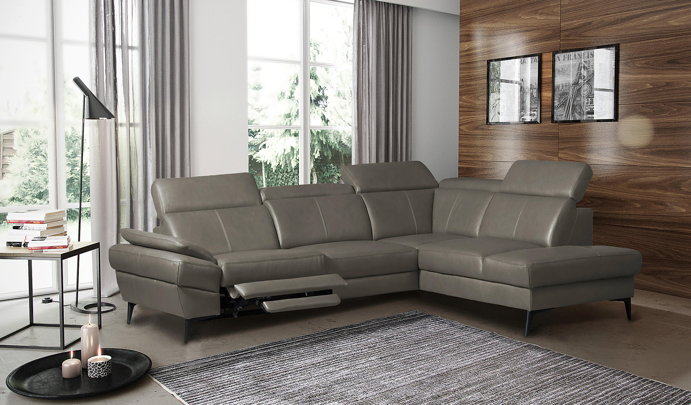 ECKSOFA Lederlook Echtleder Schlammfarben  - Schlammfarben/Schwarz, Design, Leder/Textil (264/211cm) - Livetastic