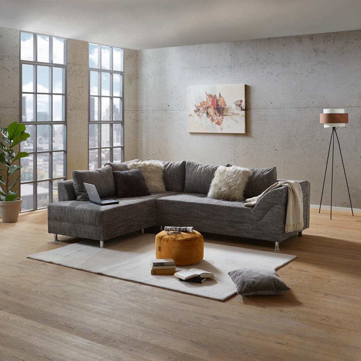 ECKSOFA Grau Webstoff  - Chromfarben/Schwarz, Design, Kunststoff/Textil (200/267cm) - P & B