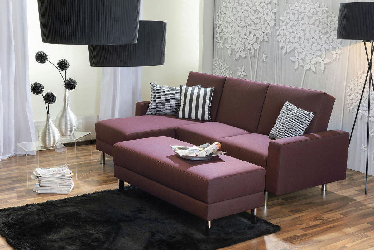 ECKSCHLAFSOFA inkl. Hocker in Dunkelrot Textil   - Chromfarben/Dunkelrot, Konventionell, Textil/Metall (152/230cm) - Max Winzer
