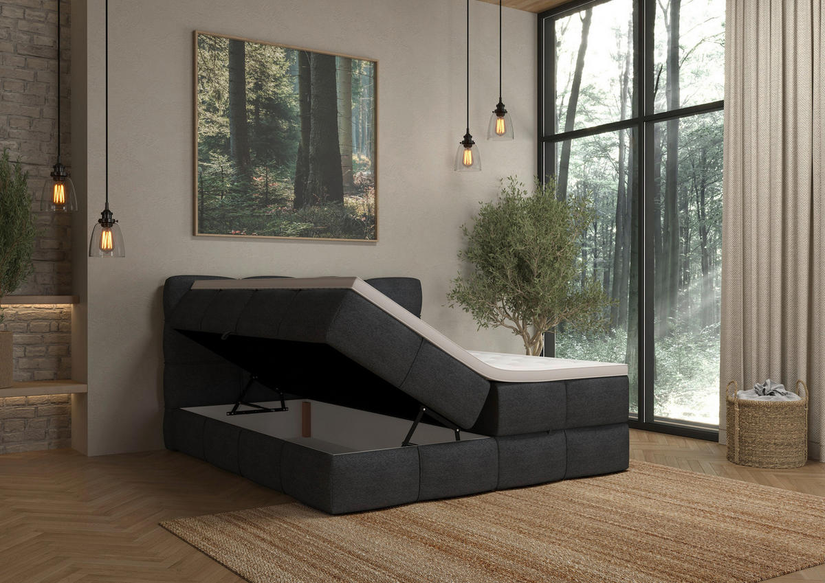 BOXSPRINGBETT 180/200 cm,  in Dunkelgrau, gepolstertes Kopfteil, Bettkasten, Topper, Matratzen, H3 + H3 = fest  - Dunkelgrau/Schwarz, Design, Kunststoff/Textil (180/200cm) - Chameo