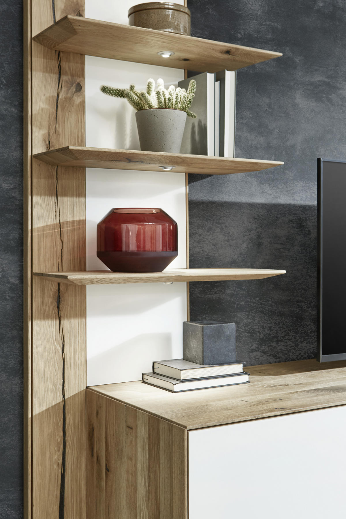 WOHNWAND  in Weiss, Eichefarben 297/206/48 cm  - Weiss/Eichefarben, Design, Glas/Holz (297/206/48cm) - Valnatura