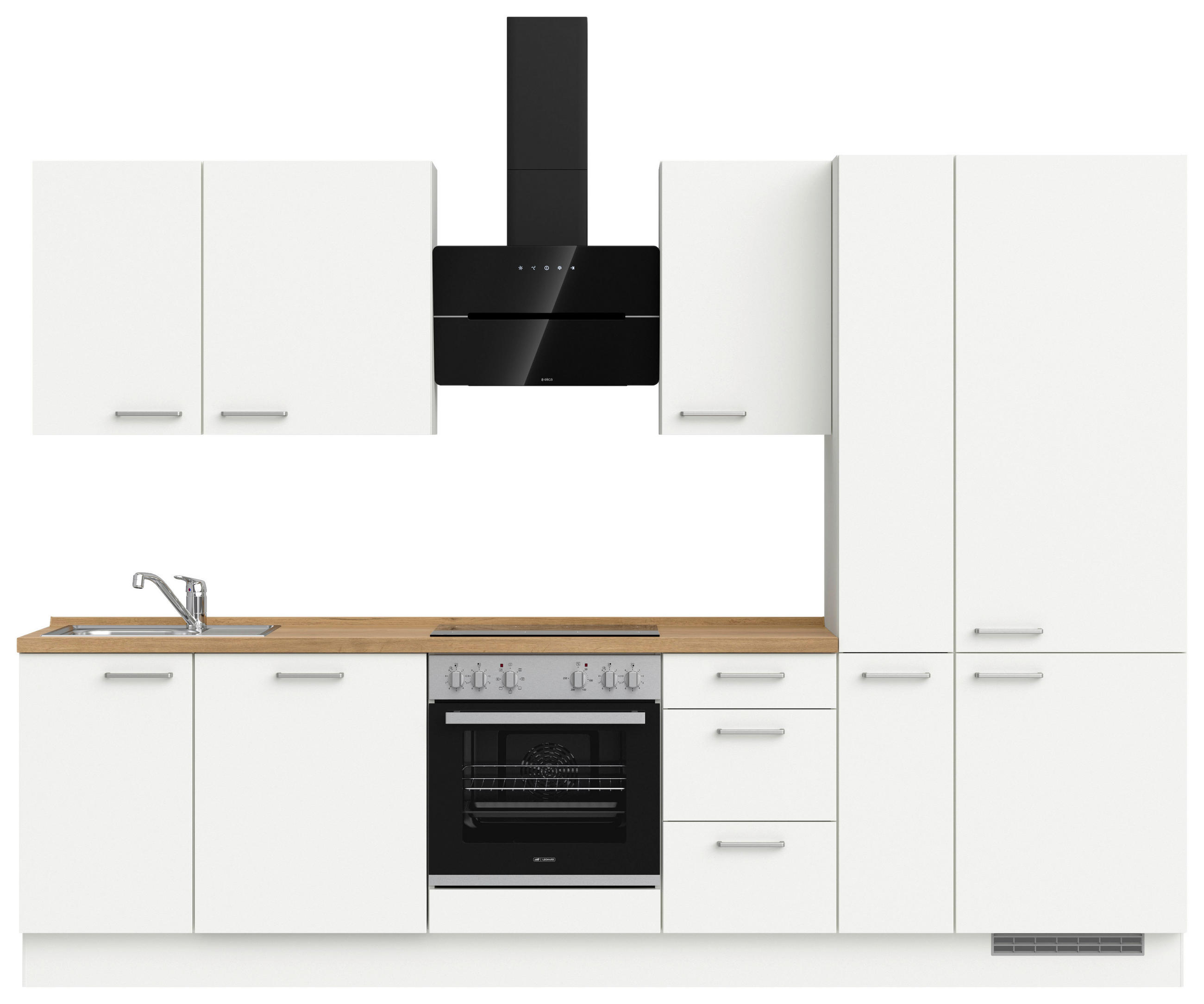 KÜCHENBLOCK 300 cm   in Weiß, Eichefarben  - Edelstahlfarben/Eichefarben, MODERN, Holzwerkstoff/Metall (300cm) - Nobilia