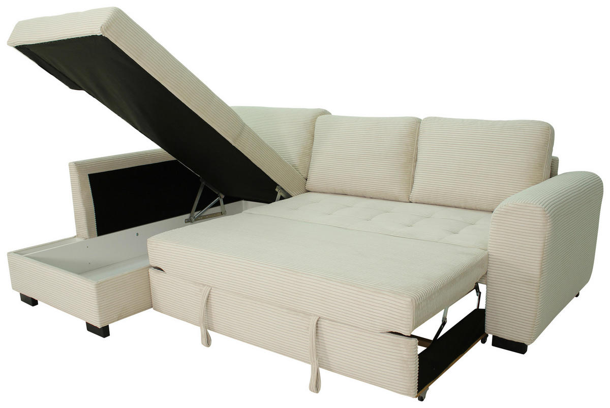 ECKSOFA JOHN Creme Cord Rückenkissen, Bettkasten, Liegefläche im Originalstoff  - Creme/Schwarz, Trend, Kunststoff/Textil (178/239cm) - P & B