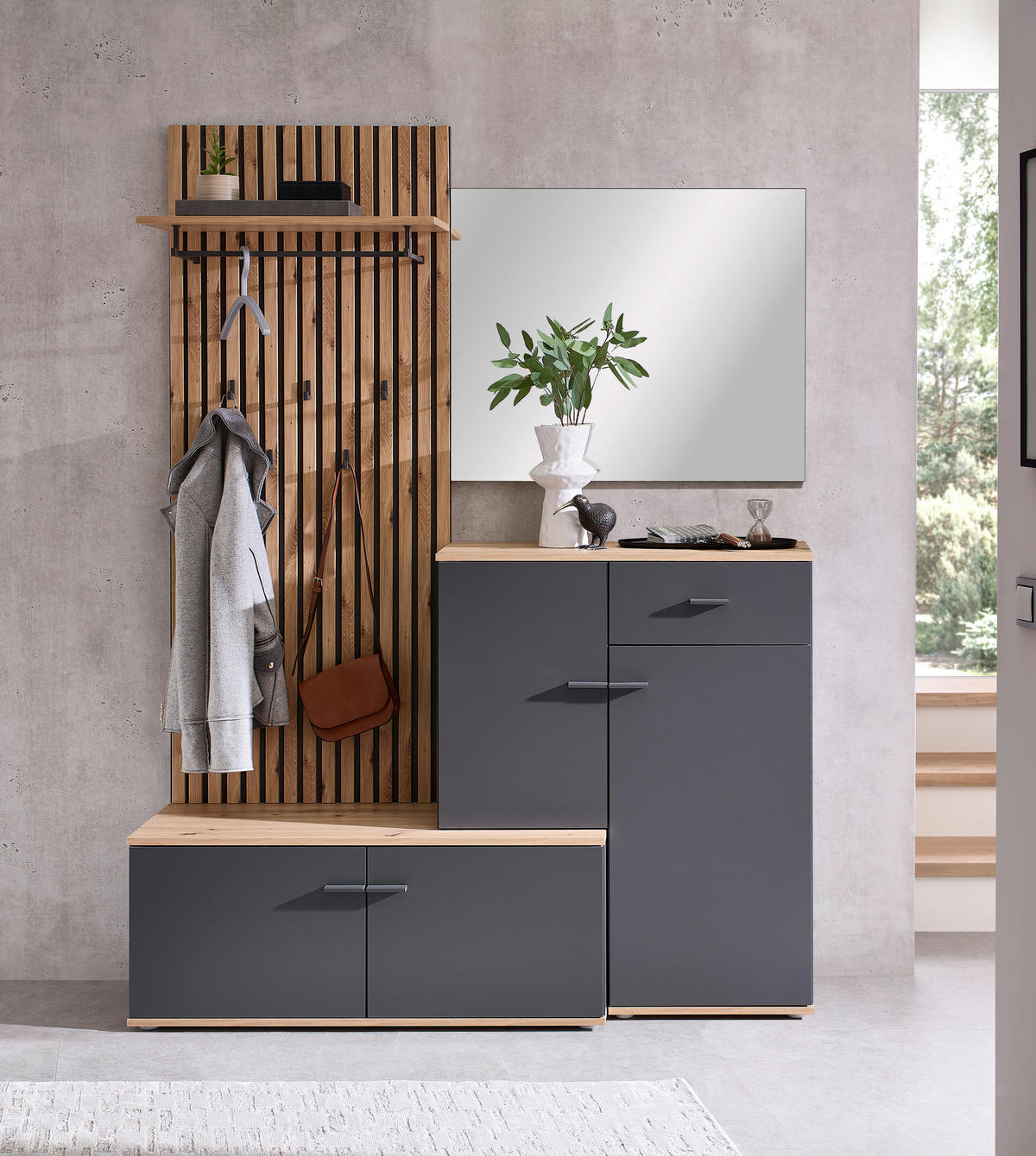 HALLMÖBEL  i 148/199/38 cm  - ek Artisan/antracit, Design, trämaterial/glas (148/199/38cm) - Xora