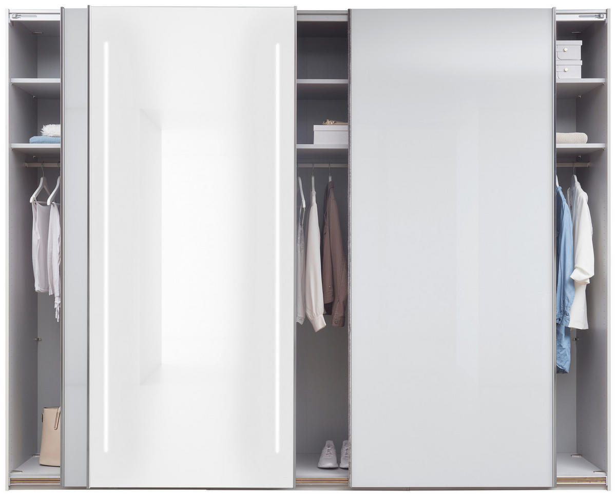 SCHWEBETÜRENSCHRANK 300/236/67 cm 3-türig Weiß  - Chromfarben/Weiß, Design, Glas/Holzwerkstoff (300/236/67cm) - Dieter Knoll