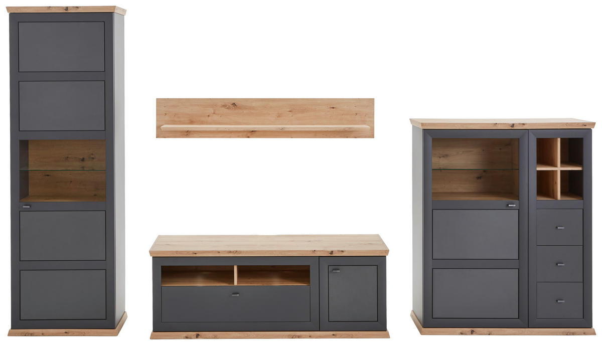 VIACDIELNA OBÝVACIA STENA, antracitová, farba duba - farba duba/antracitová, Konventionell, kov/kompozitné drevo (329,4/209/50,3cm) - Hom`in