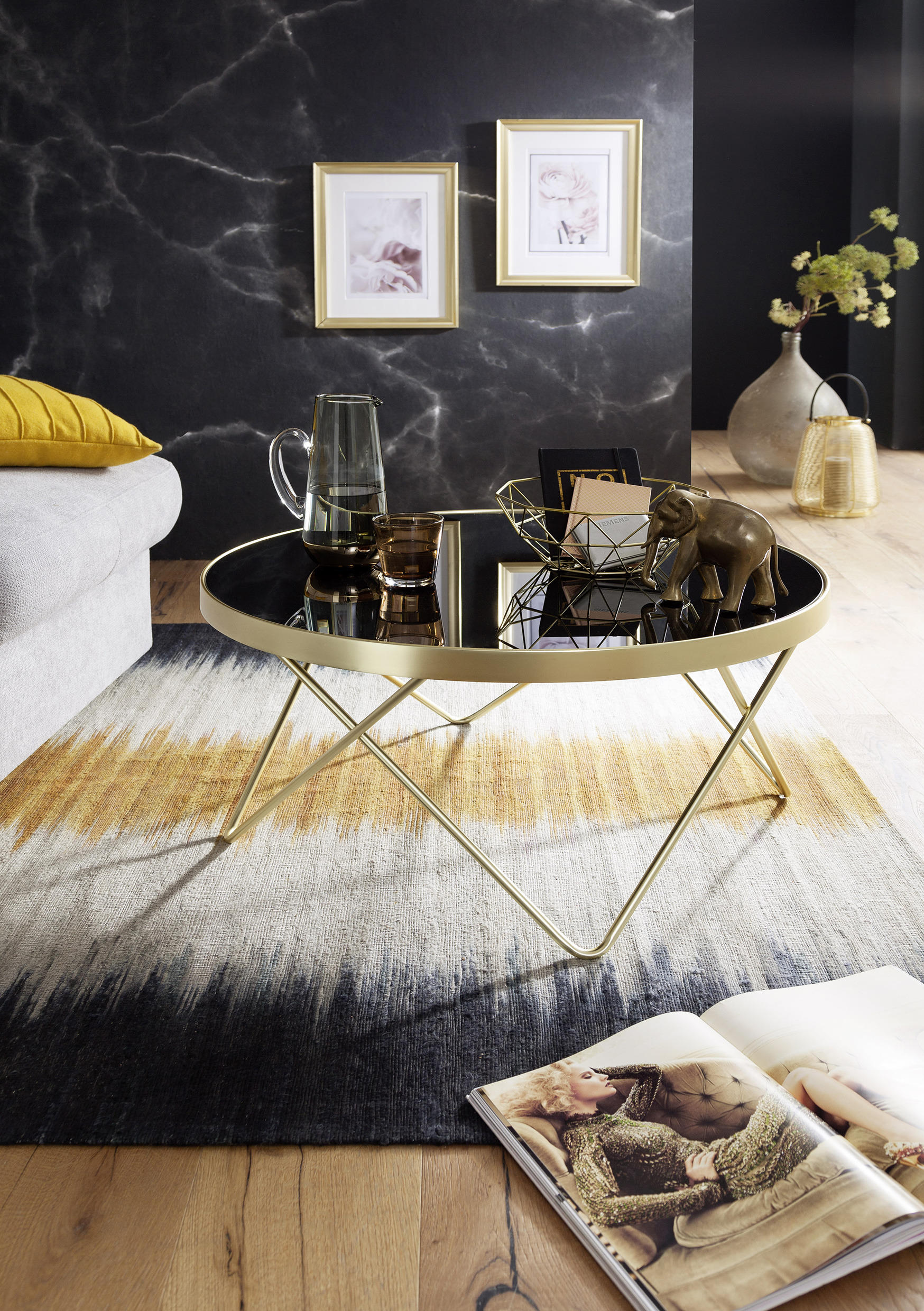 Thumbnail - Mid.you Couchtisch, Schwarz, Gold, Glas, rund, U-Form, 82x39x82 cm, einfacher Aufbau, Wohnzimmer, Wohnzimmertische, Couc...