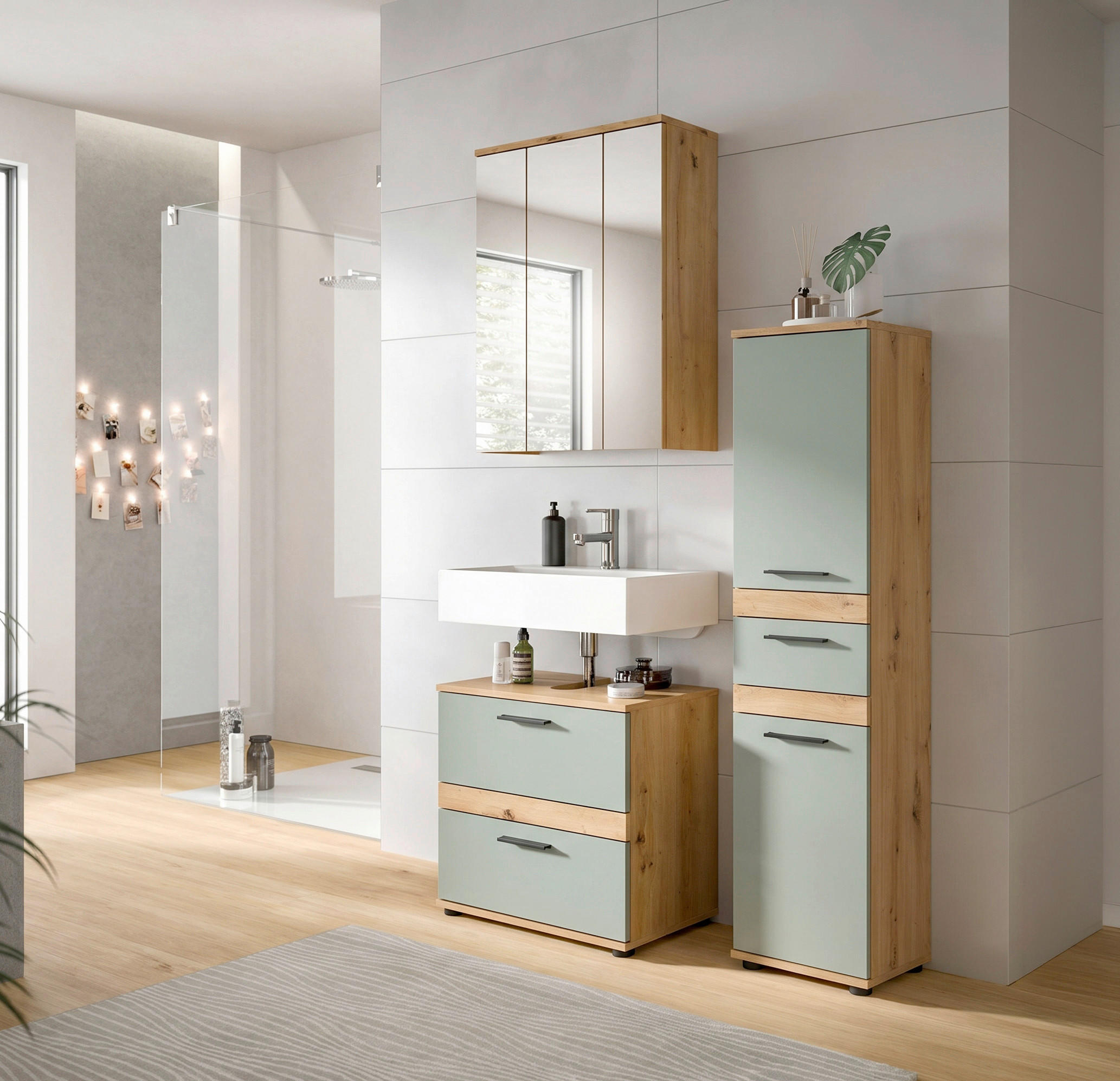 BADEZIMMER 3-teilig  in 110 cm  - Salbeigrün/Schwarz, Trend, Glas/Holzwerkstoff (110cm) - MID.YOU