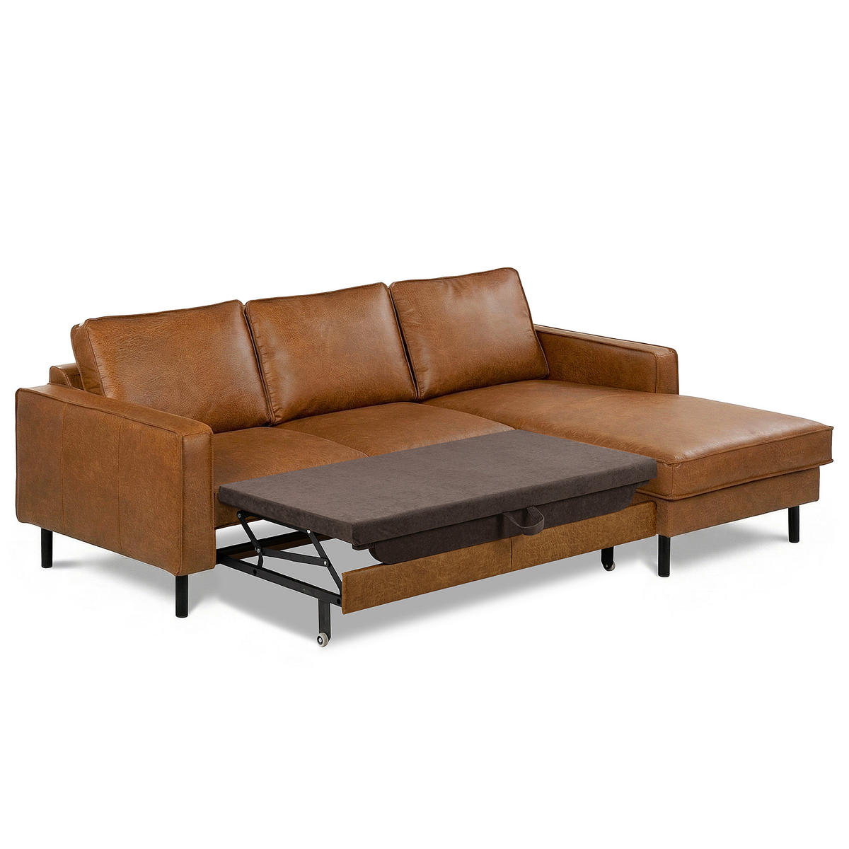 ECKSOFA  in Echtleder Cognac  - Cognac/Schwarz, Design, Leder/Metall (166/238cm) - Livetastic