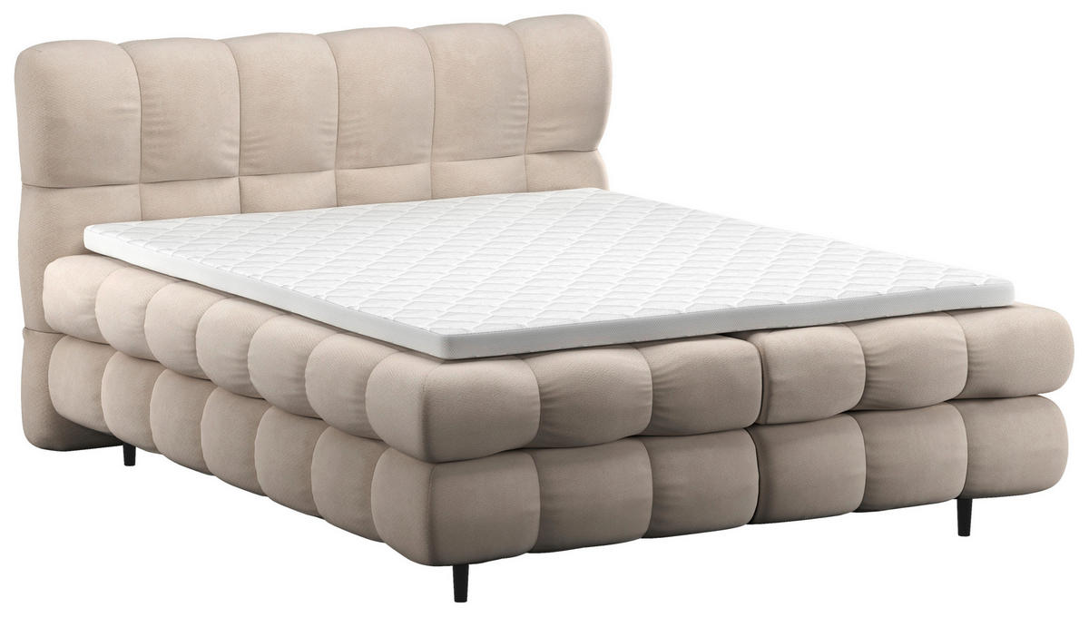 BOXBETT 200/200 cm,  in Creme, gepolstertes Kopfteil, Bettkasten, Topper, H3 + H3 = fest  - Creme/Schwarz, Design, Textil/Metall (200/200cm) - Ti'me