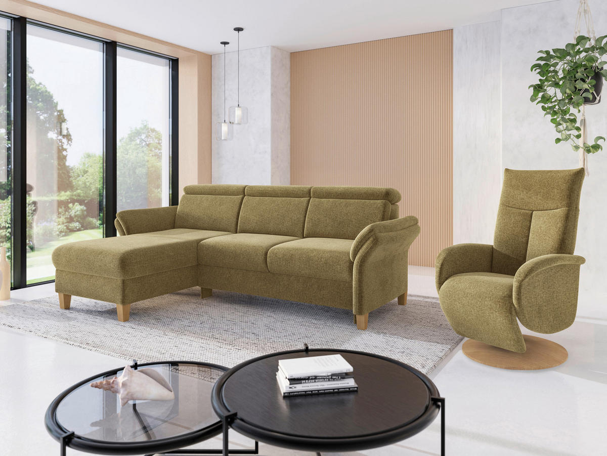 ECKSOFA GLENDALE E Olivgrün Flachgewebe  - Eichefarben/Olivgrün, KONVENTIONELL, Holz/Textil (166/253cm) - Sit & More