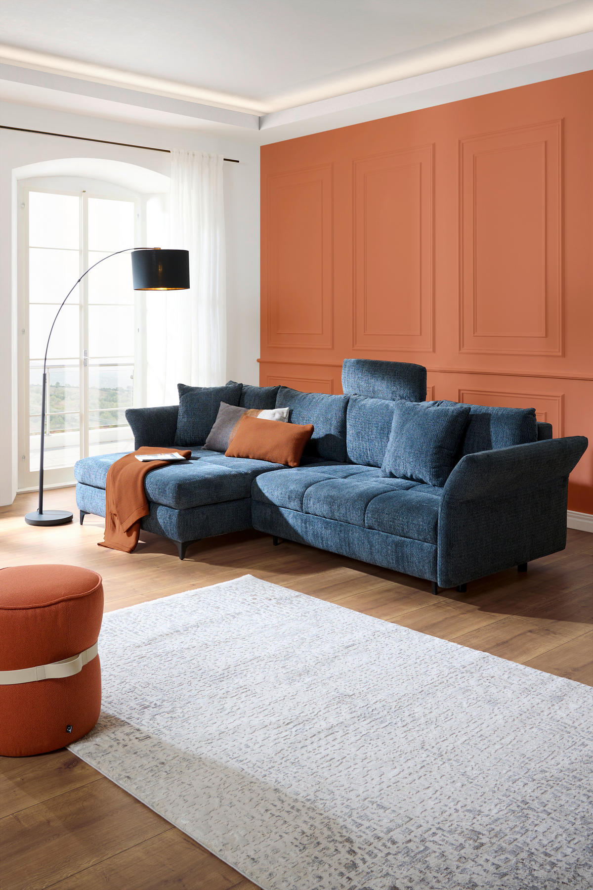ECKSOFA in Chenille Blau  - Blau/Schwarz, KONVENTIONELL, Textil/Metall (291/153cm) - Hom`in