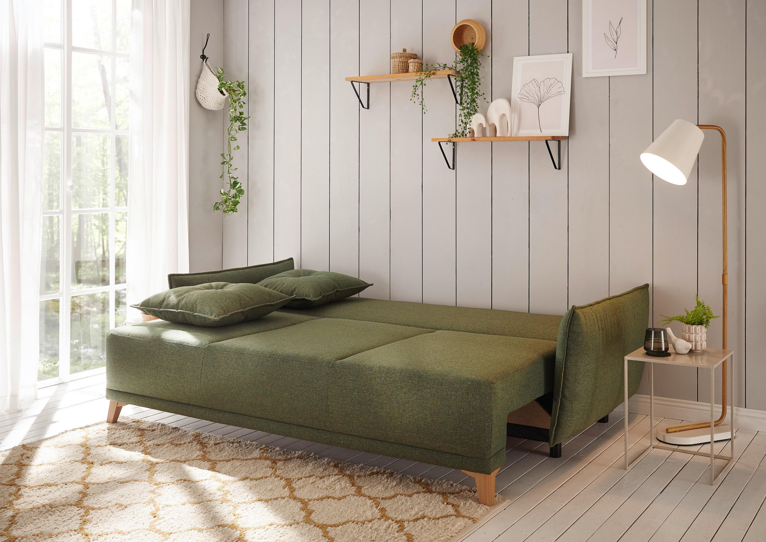 SCHLAFSOFA Mikrovelours Grün  - Eichefarben/Grün, Basics, Kunststoff/Textil (232/91/105cm) - MID.YOU