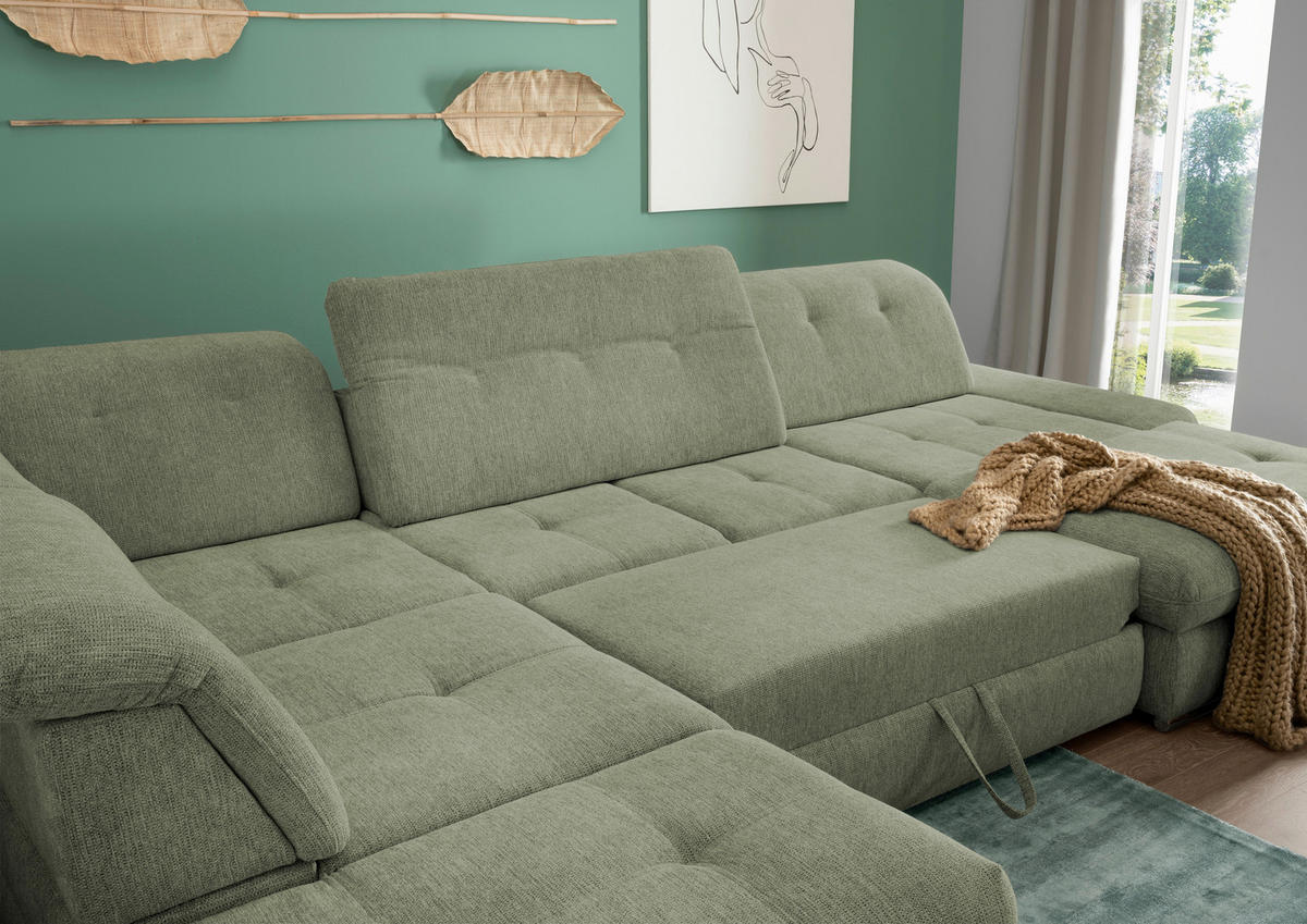 WOHNLANDSCHAFT Grün Chenille  - Chromfarben/Grün, Design, Textil/Metall (254/376/195cm) - Livetastic