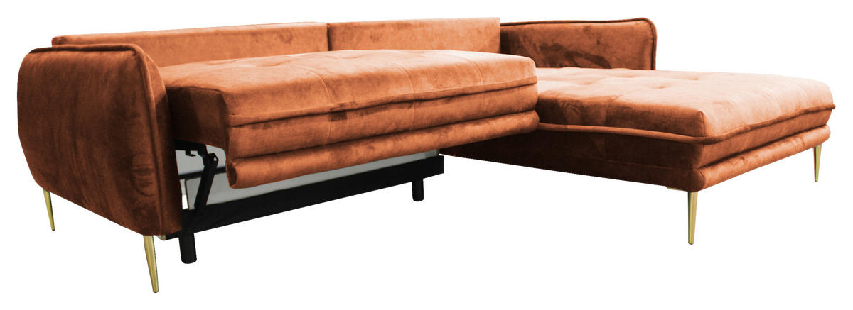 ECKSOFA Rostfarben Velours  - Rostfarben/Goldfarben, Design, Textil/Metall (264/196cm) - MID.YOU