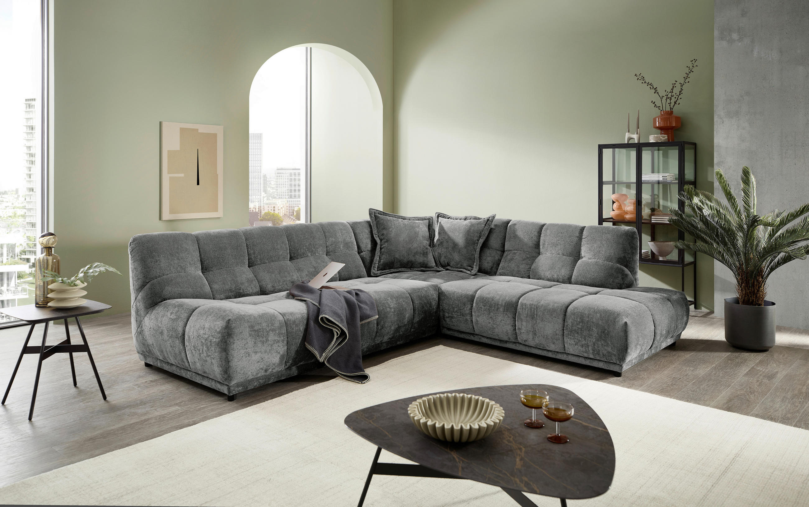 ECKSOFA ITALIA in Chenille Anthrazit  284/250 cm  - Anthrazit/Schwarz, MODERN, Kunststoff/Textil (284/250cm) - Livetastic