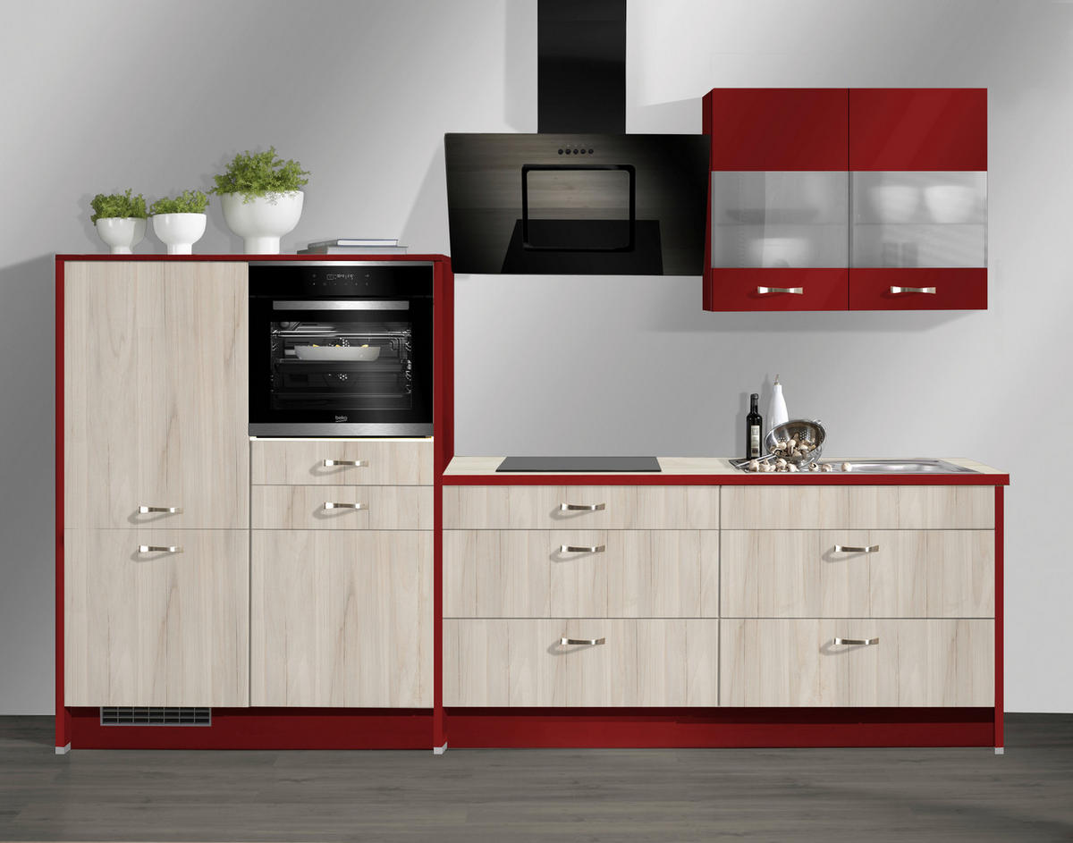 KUHINJSKI BLOK BREZ APARATOV - rdeča/barve javorja, Basics, leseni material (305cm) - Venda
