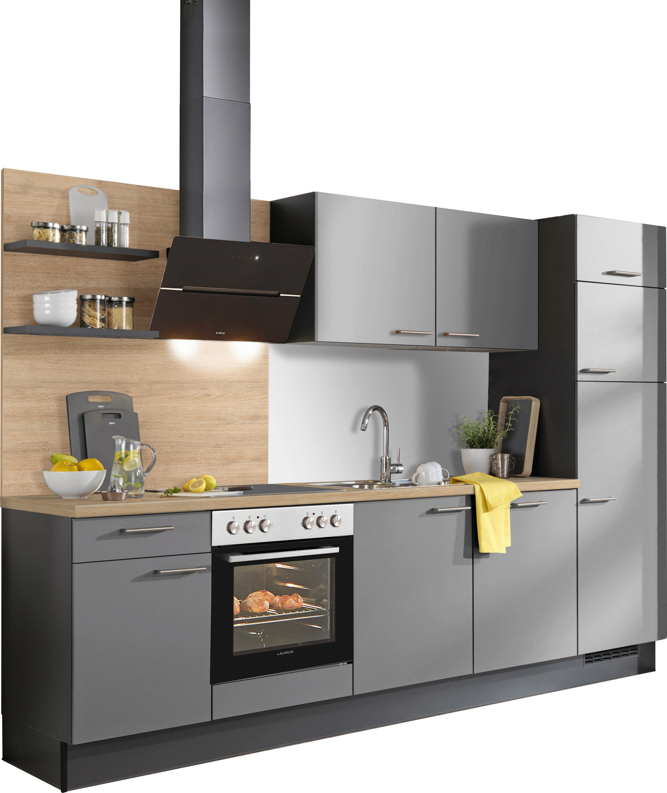 KÜCHENBLOCK 290 cm   in Graphitfarben, Grau, Eichefarben  - Edelstahlfarben/Eichefarben, Design, Holzwerkstoff/Metall (290cm) - Xora