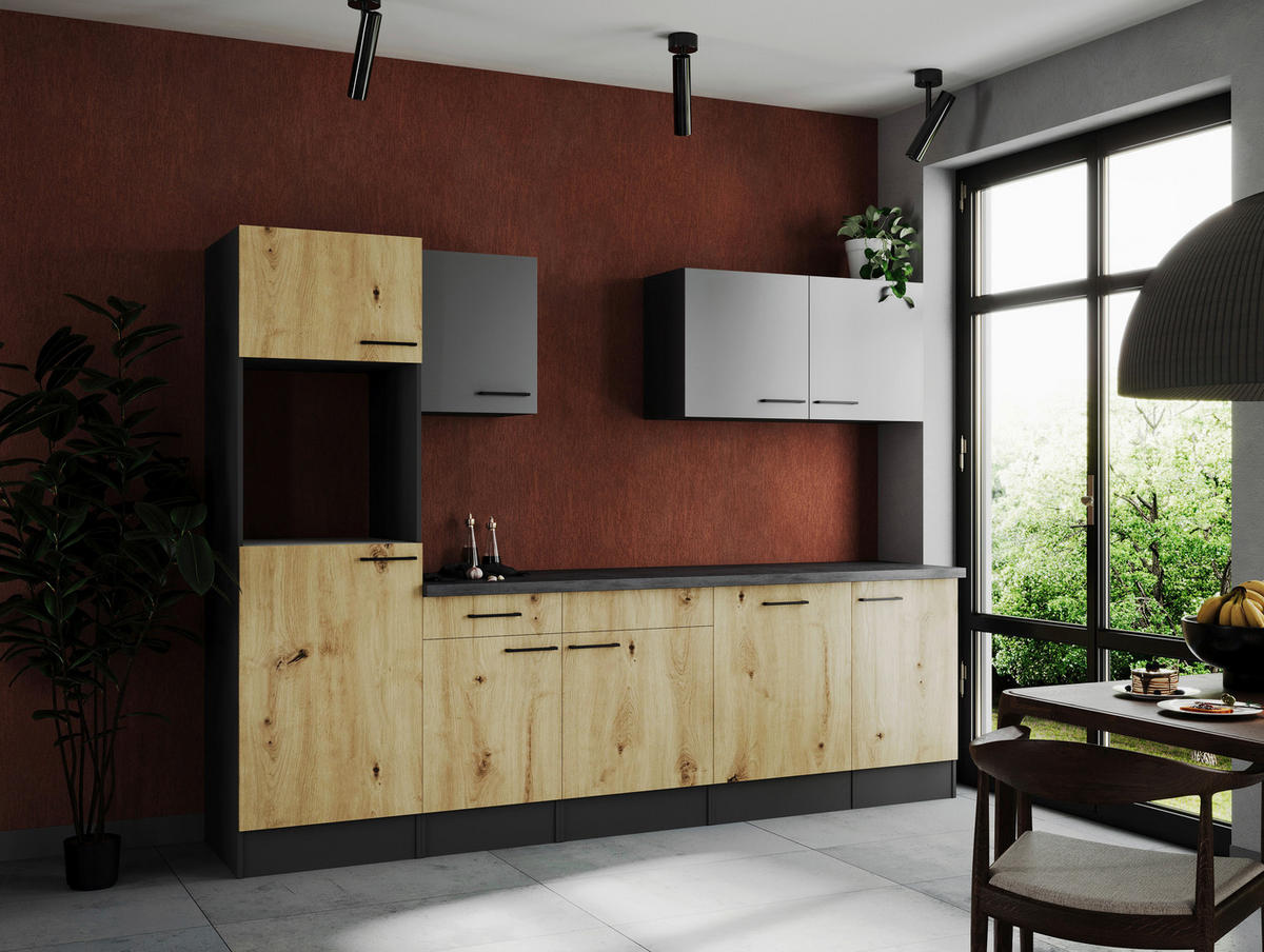 MODULKÖK UTAN VITVAROR 280 cm   i grå, ek Artisan  - svart/grå, Design, metall/trämaterial (280cm) - Respekta