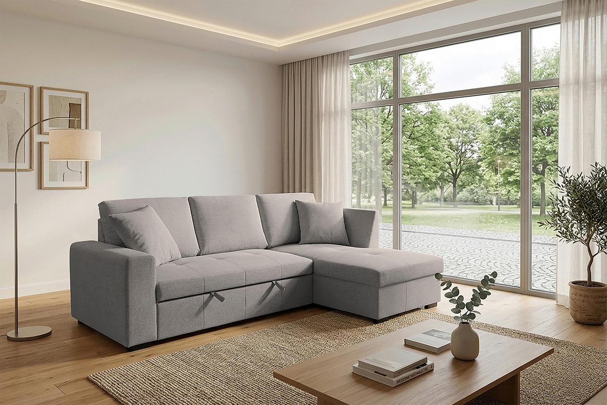 ECKSOFA LUKAS Graubraun Struktur Zierkissen, Bettkasten  - Graubraun, Trend, Textil (239/158cm) - P & B