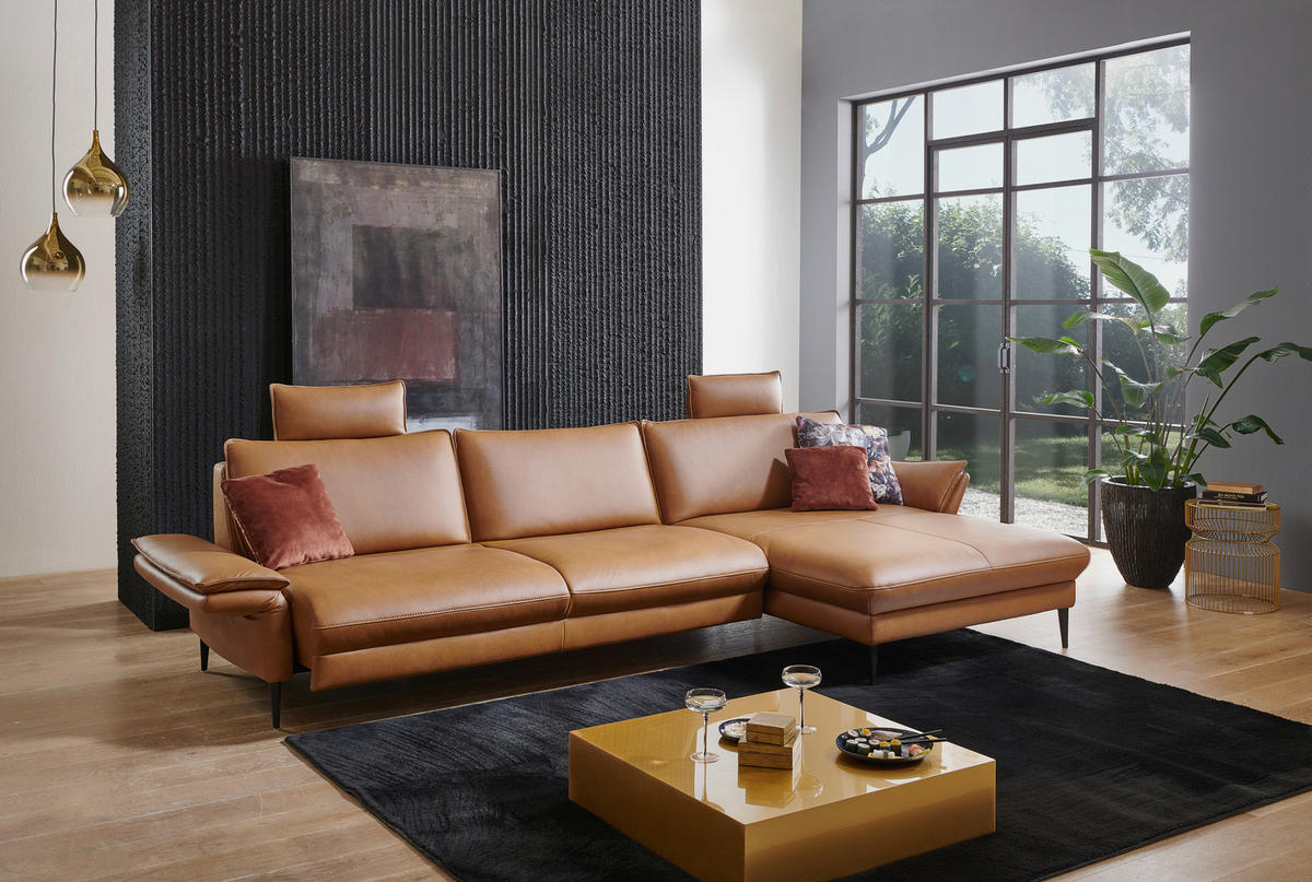 ECKSOFA in Echtleder Braun  - Schwarz/Braun, Design, Leder/Metall (334/172cm) - Valdera