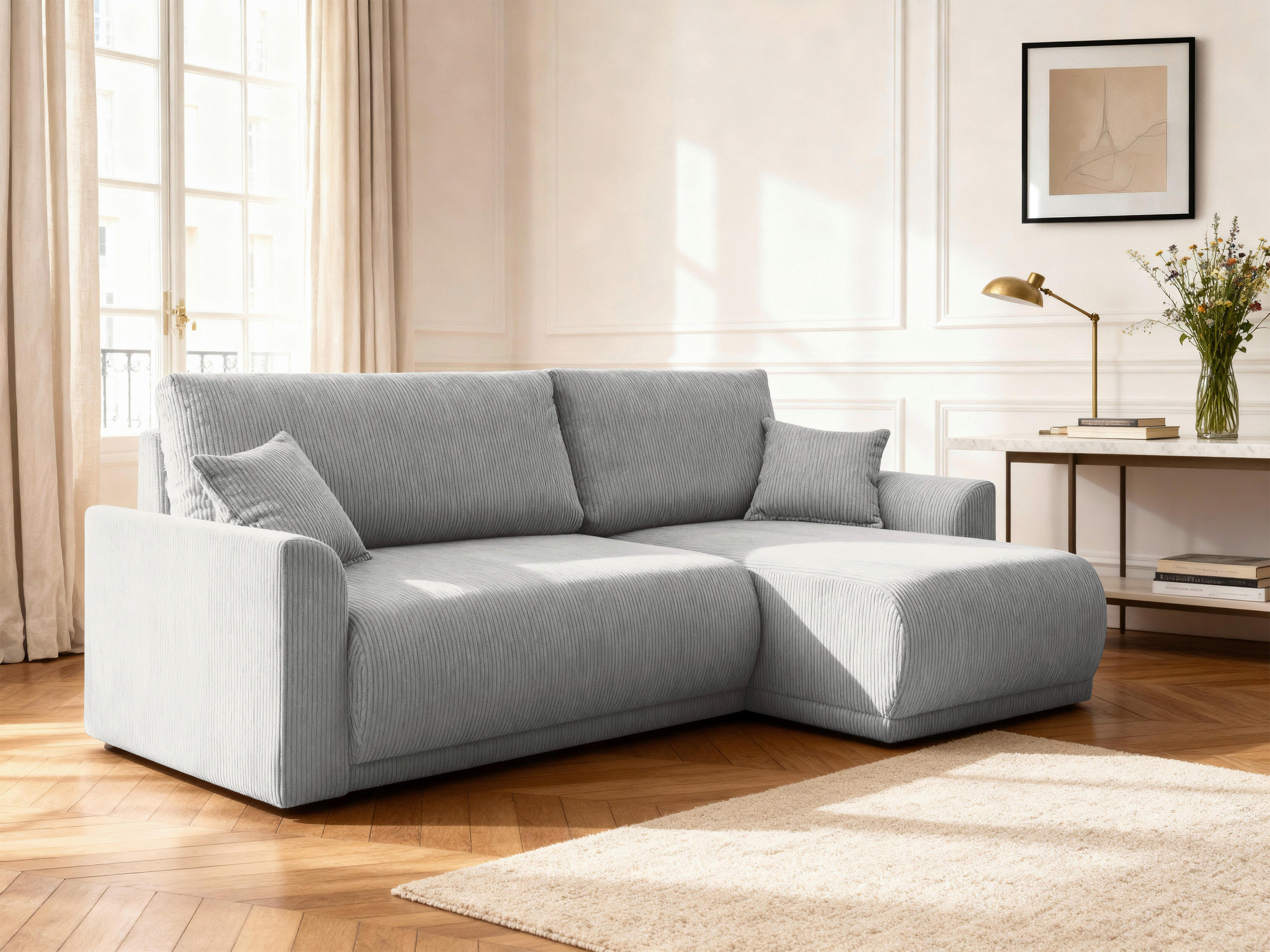 ECKSOFA KIMMY Hellgrau Cord Zierkissen, Rückenkissen, Bettkasten  - Hellgrau/Schwarz, Design, Kunststoff/Textil (233/146cm) - P & B