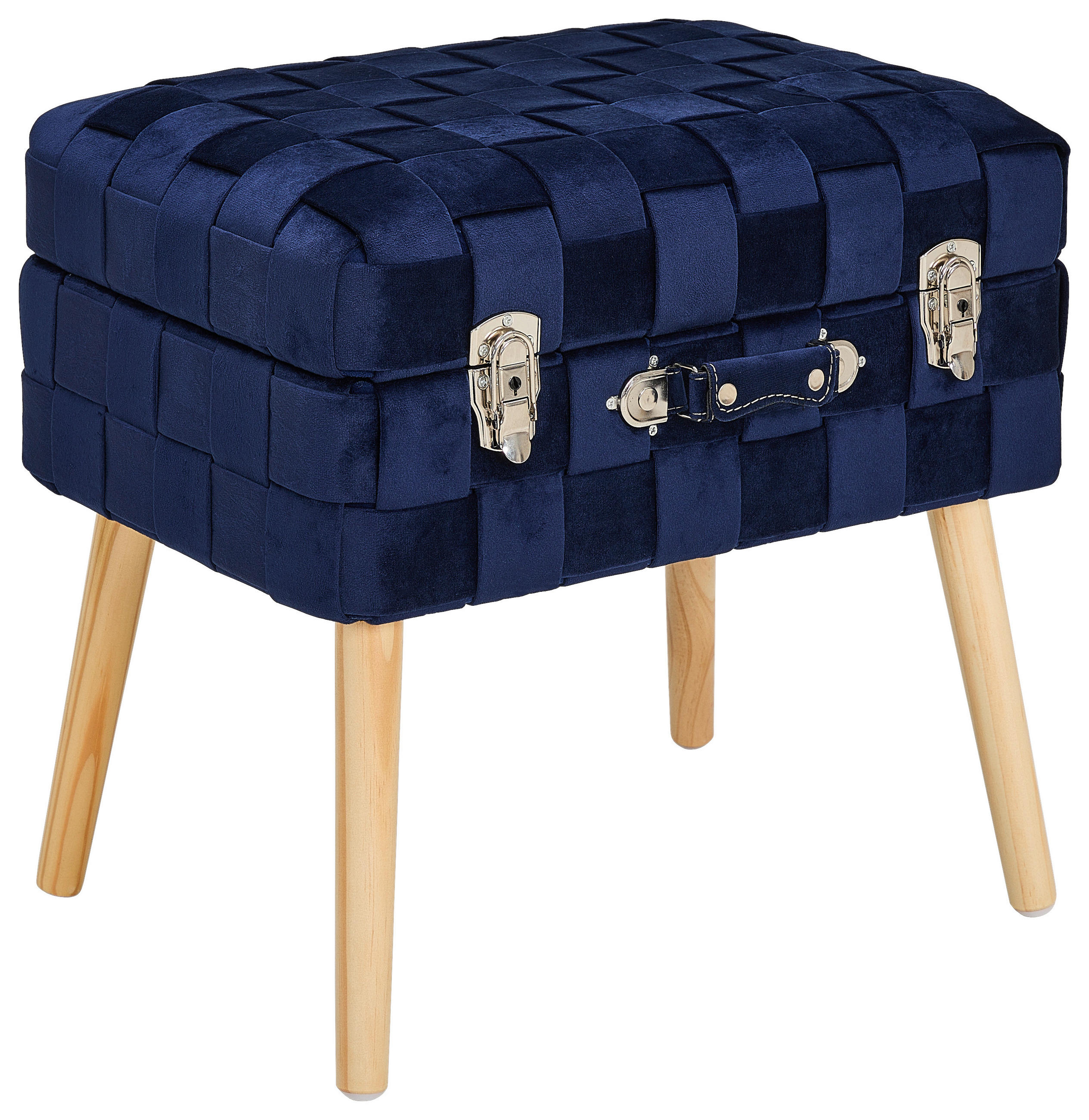 HOCKER Samt, Vliesstoff Kiefer Dunkelblau  - Naturfarben/Dunkelblau, Trend, Holz/Textil (52/47/37cm) - Xora