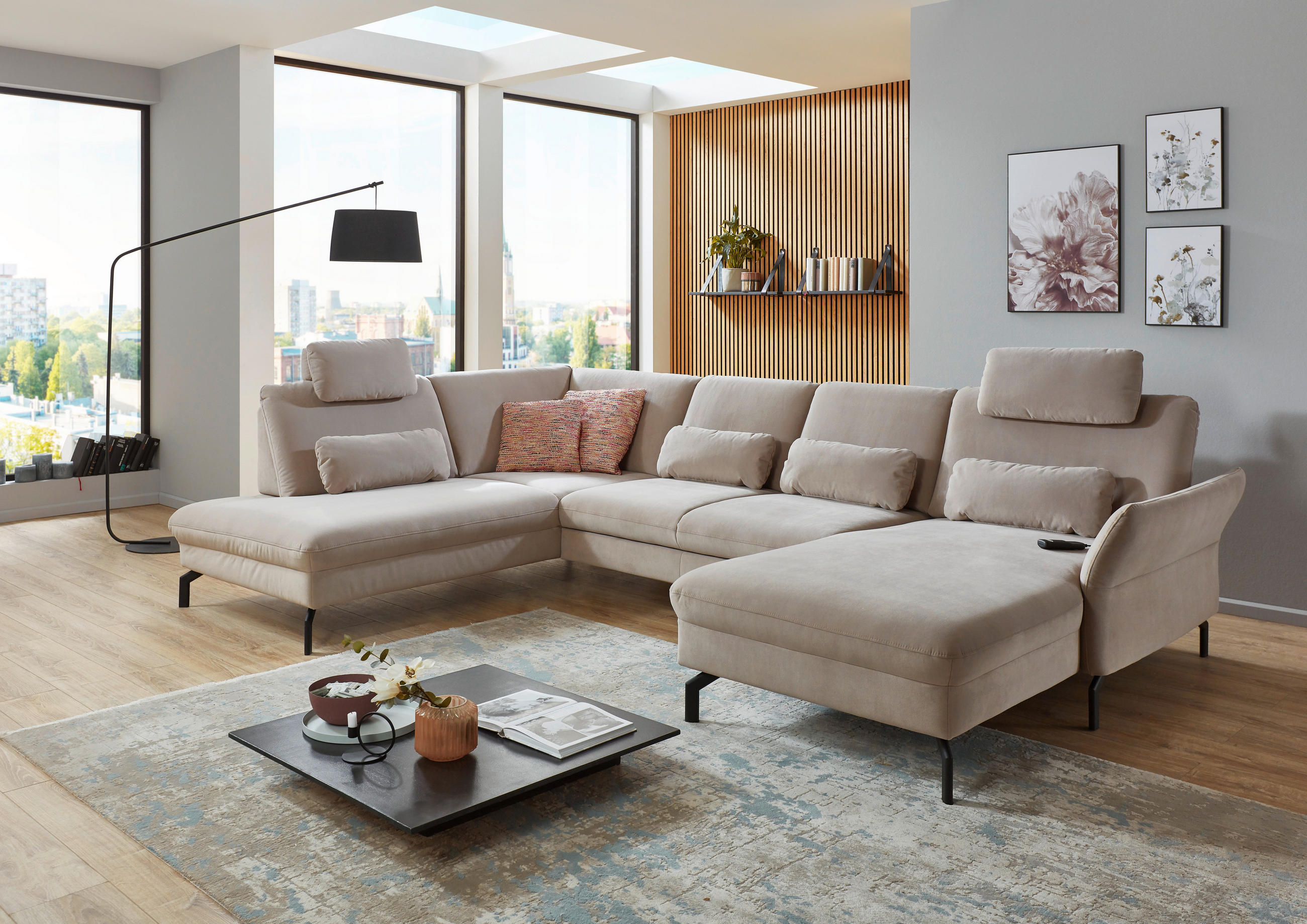 WOHNLANDSCHAFT Graubraun Velours  - Graubraun/Schwarz, Design, Textil/Metall (220/335/179cm) - Beldomo System
