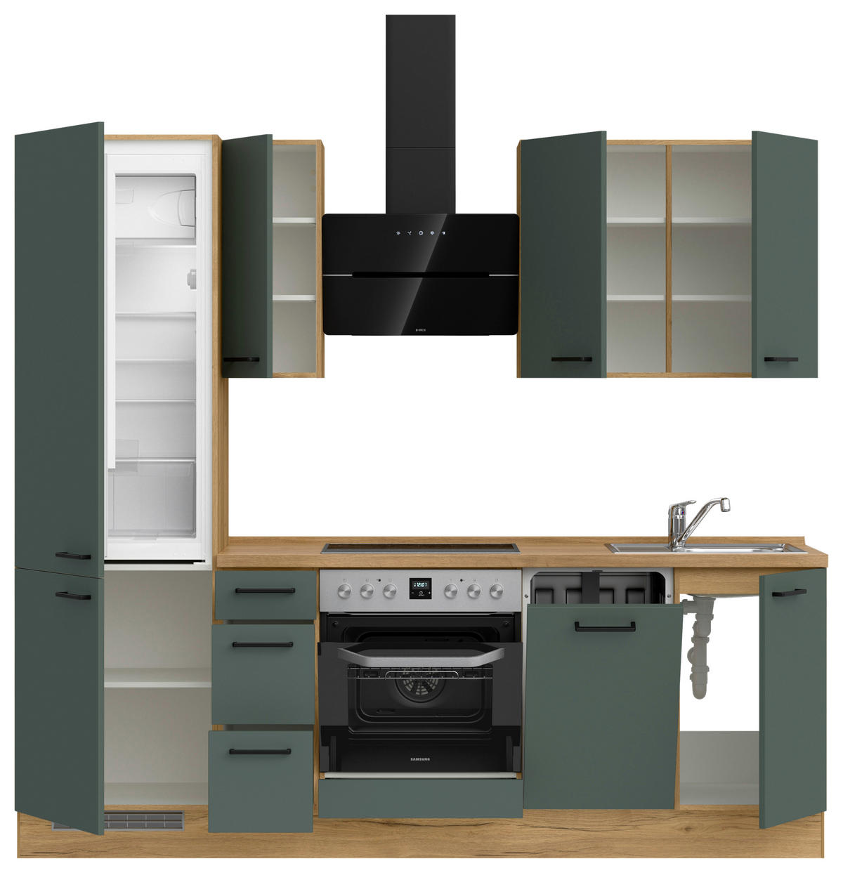 KÜCHENLEERBLOCK 240 cm   in Eichefarben, Dunkelgrün  - Dunkelgrün/Eichefarben, MODERN, Holzwerkstoff/Metall (240cm) - Nobilia