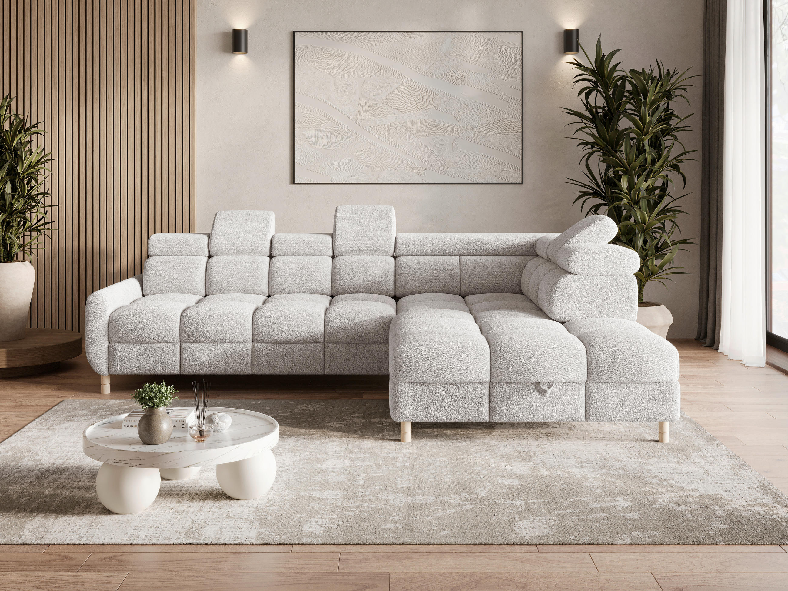 ECKSOFA BUN Hellgrau Bouclé Schlaffunktion, Rücken echt, Kopfteilverstellung, Stauraum, Kopfstütze  - Elfenbein/Hellgrau, Design, Holz/Textil (276/209cm) - MID.YOU