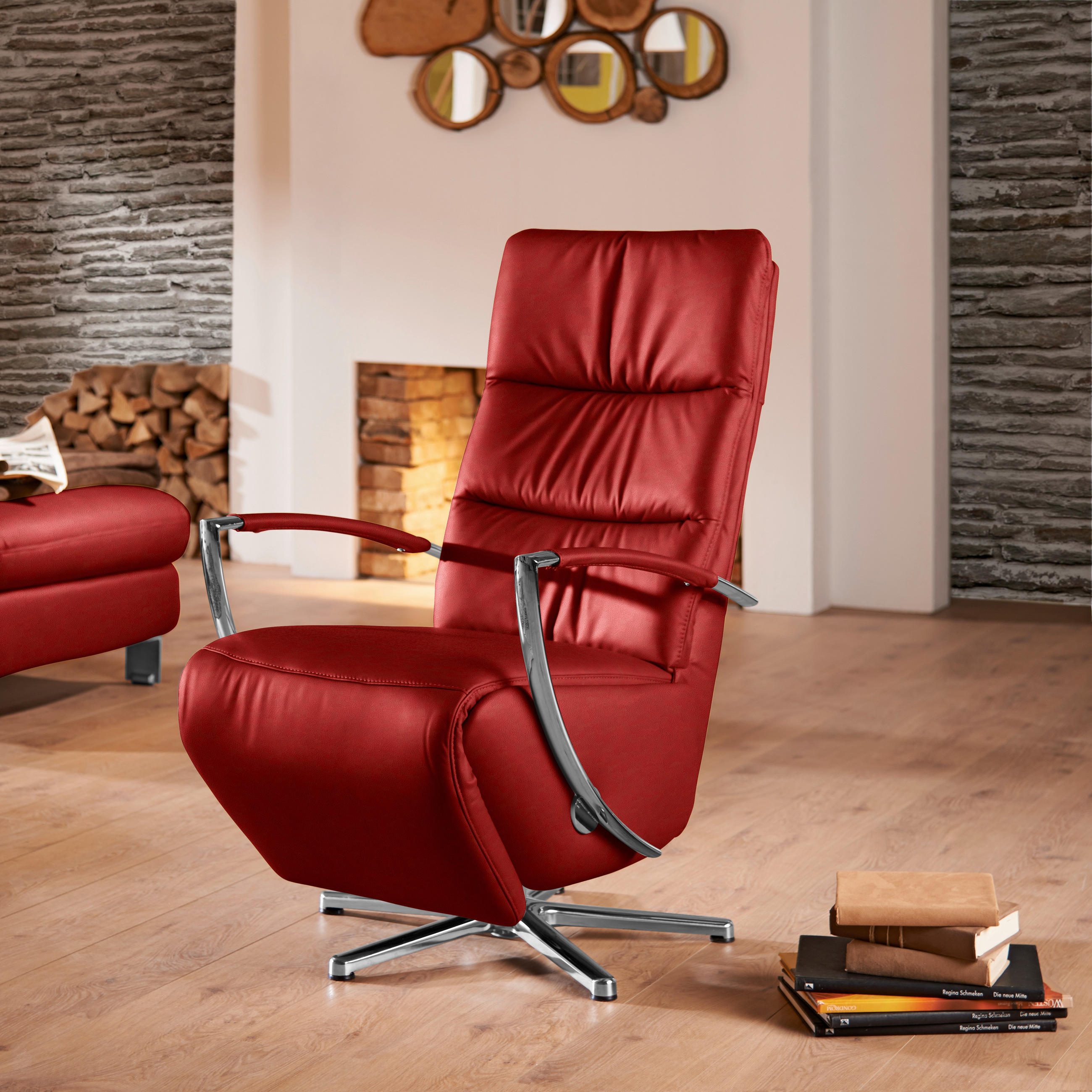 RELAXSESSEL Echtleder    - Chromfarben/Rot, Design, Leder/Metall (64/112/80cm) - Cantus