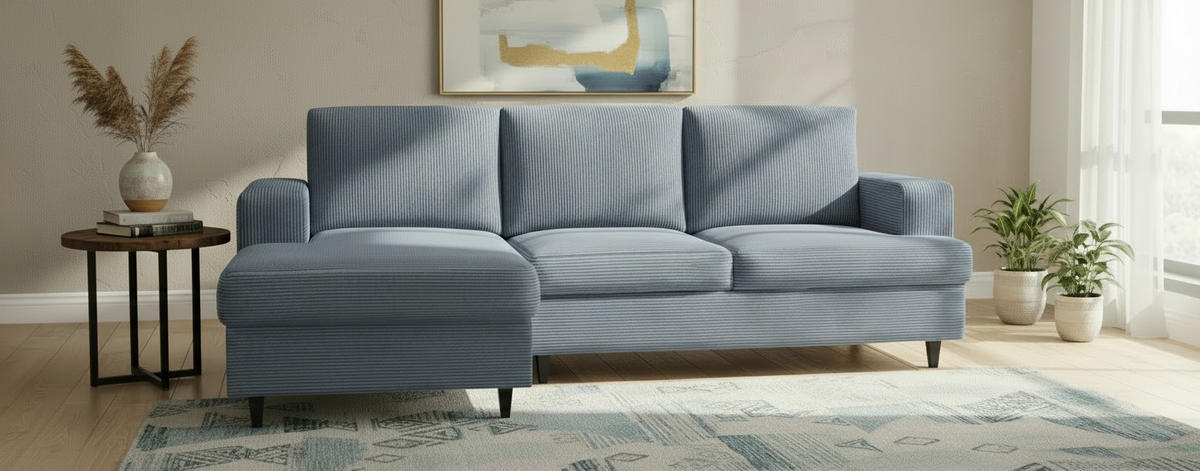 ECKSOFA Blau Cord, Velours  - Blau/Schwarz, Design, Holz/Textil (140/247cm) - MID.YOU
