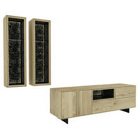 WOHNWAND  Eichefarben 272/202/50 cm  - Eichefarben/Schwarz, Natur, Glas/Leder (272/202/50cm) - Cassando