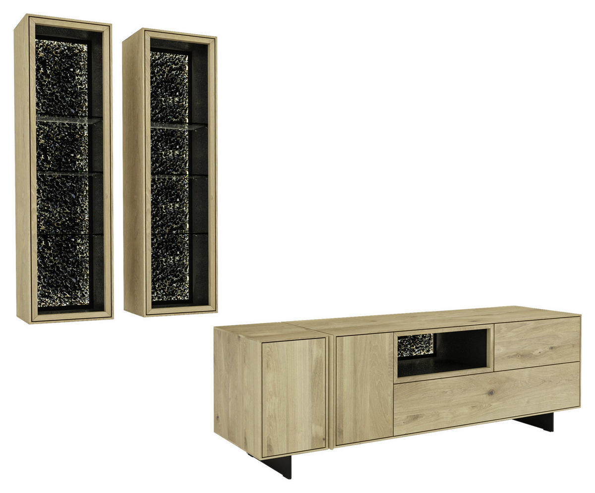 WOHNWAND  Eichefarben 272/202/50 cm  - Eichefarben/Schwarz, Natur, Glas/Leder (272/202/50cm) - Cassando